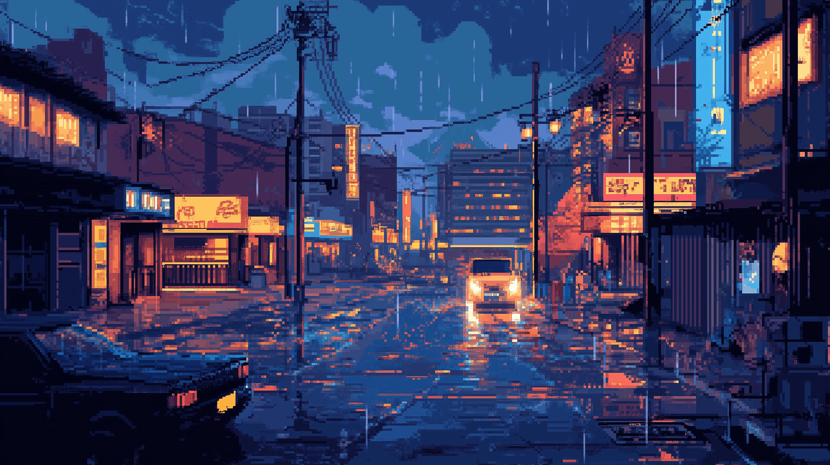 2912x1632 HD Pixel Art Wallpaper: Rainy City Vibes