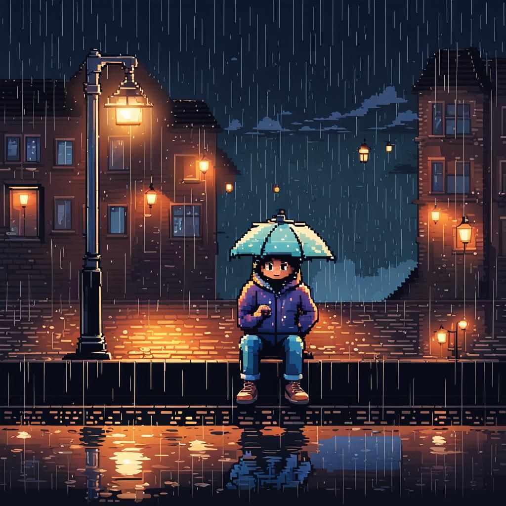 1024x1024 A lost child Child in Rainy City: Pixel Art