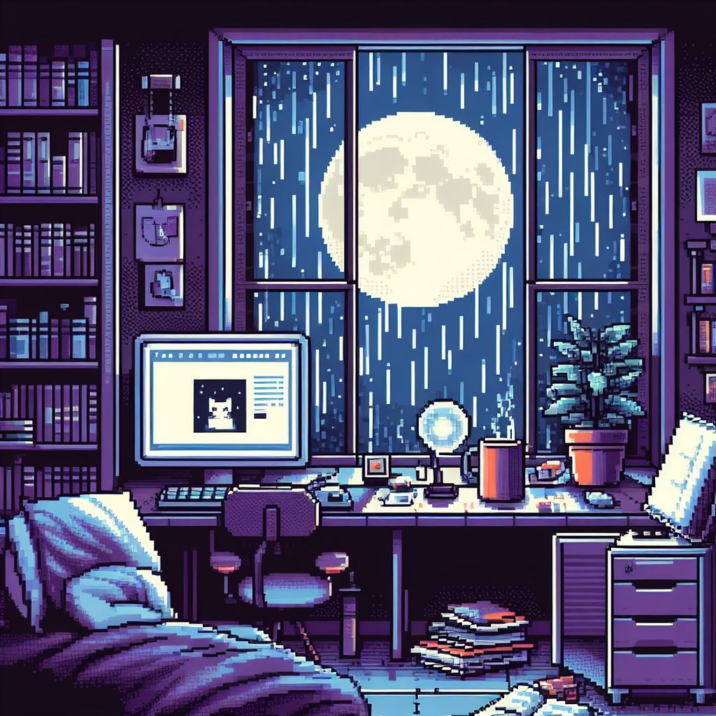 1024x1024 Pixel Art Style: rainy study time #pixelart #cozy #autumn #rain #cloudy