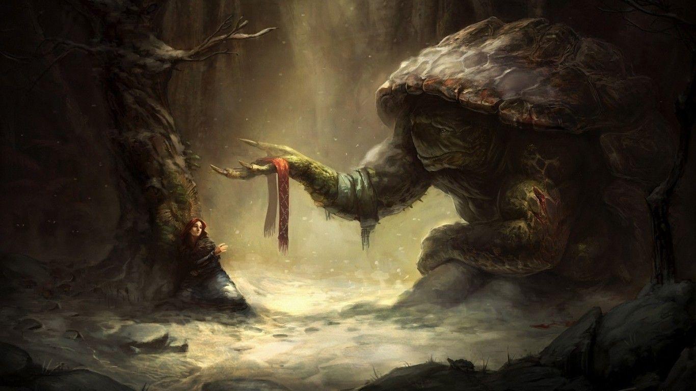 1366x768 Download 1366x768 Fantasy Creature, Women, Turtle, Dark Forest, Artwork, Digital Art Wallpaper for Laptop, Notebook