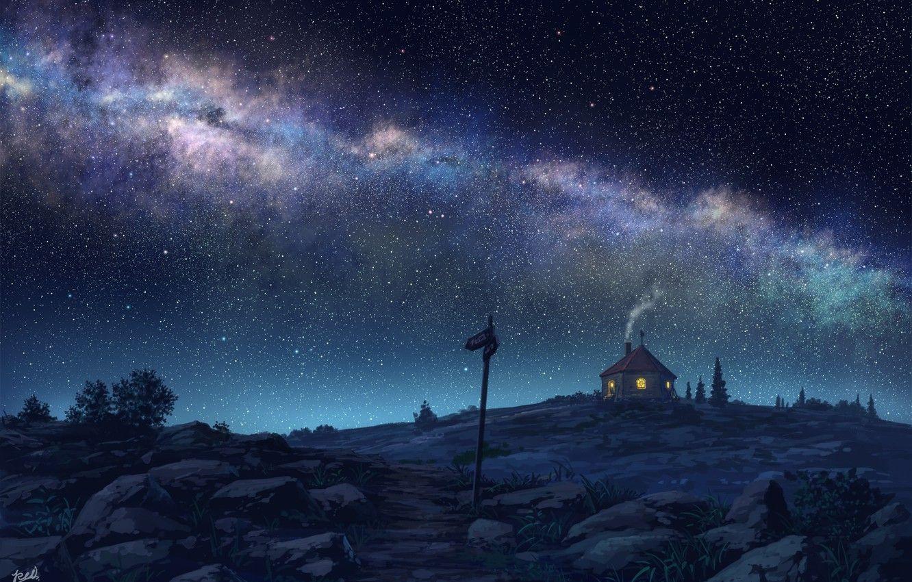 1332x850 Wallpaper night, house, the milky way .anime.