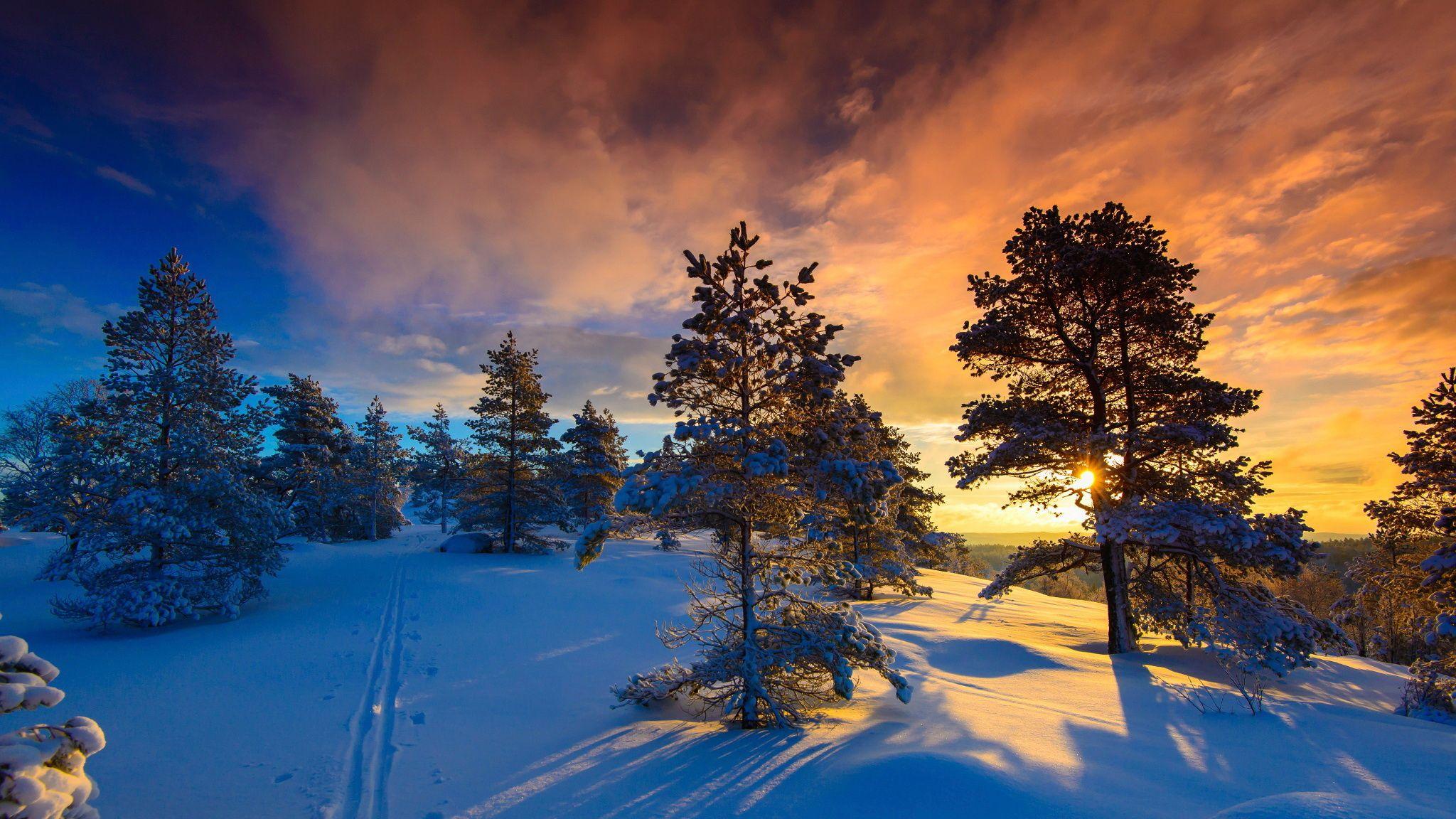 2048x1152 Wallpaper norway, winter, snow, sunset, clouds, sky desktop wallpaper Nature