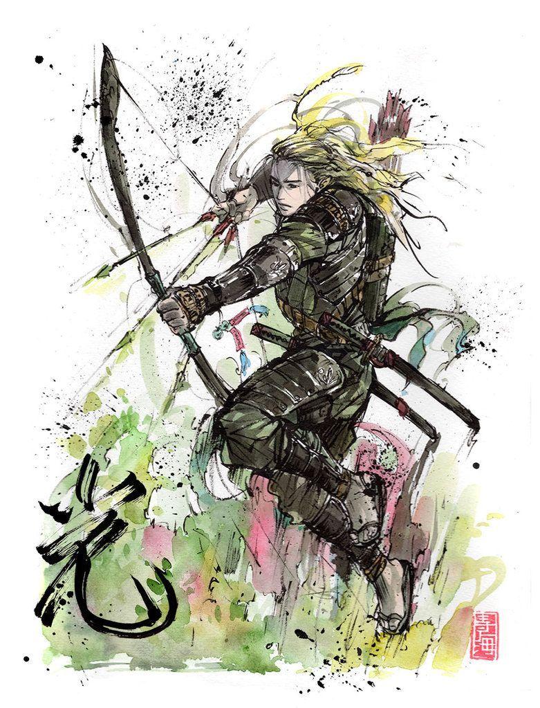 781x1023 Legolas Samurai Archer Sumi and watercolor by MyCKs. Lotr art, Lord of the rings, Legolas