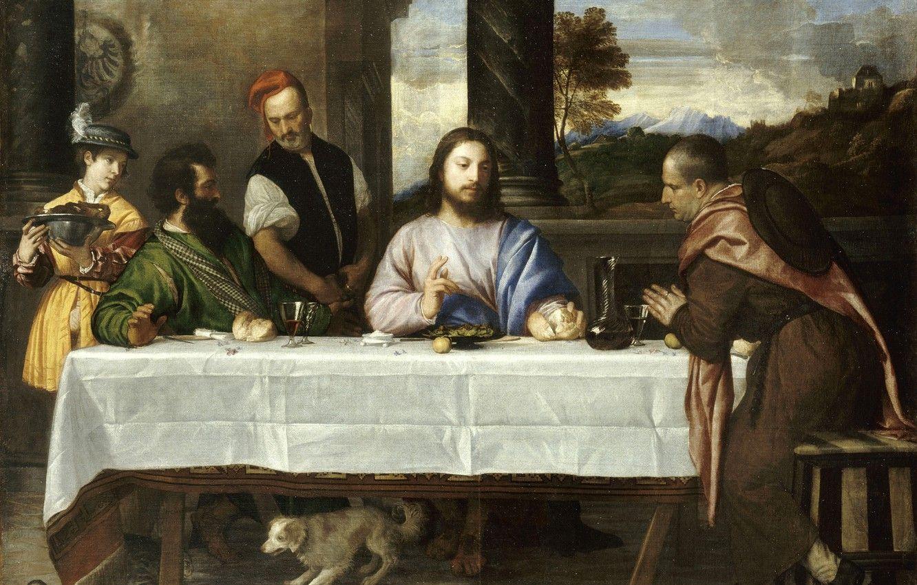 1332x850 Wallpaper wine, picture, The Louvre, bread, dog, gesture, wine, painting, jesus christ, the story of the Bible, bread, table, students, Supper at Emmaus, white tablecloth, Titien image for desktop, section живопись