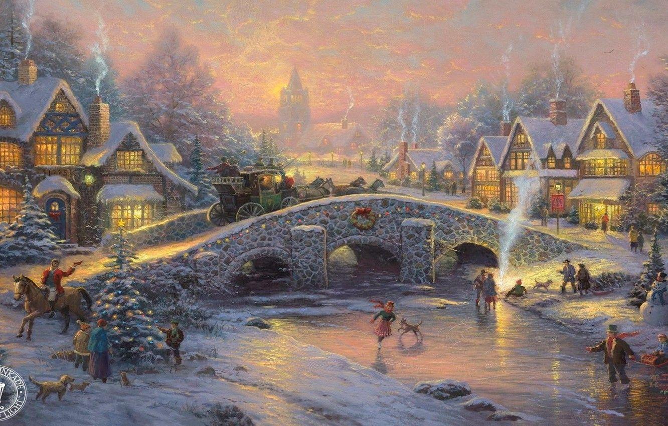 1332x850 Wallpaper bridge, tree, horses, ice, coach, rink, beautiful, herringbone, elegant, village, sled, bridge, skates, village, holiday, Thomas Kinkade image for desktop, section новый год