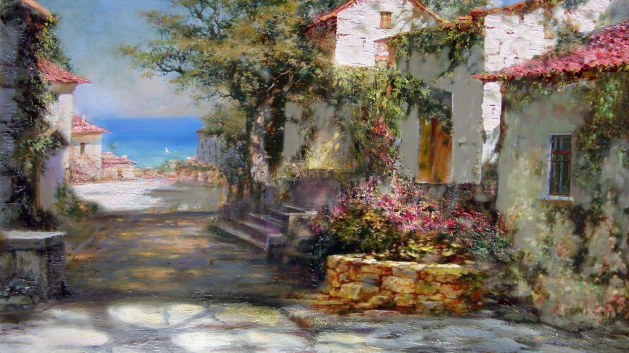 1245x700 Artistic Holiday House Painting Sea Village wallpaperx2160