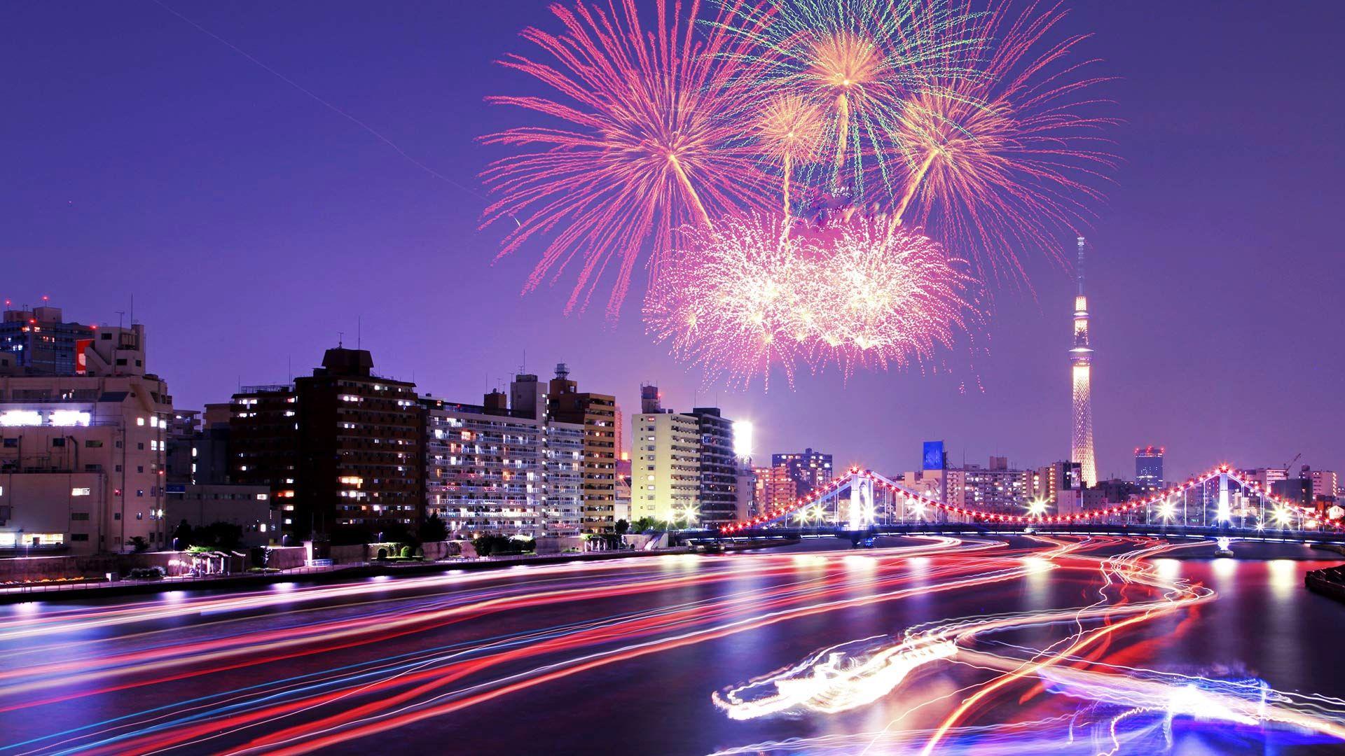 1920x1080 Download 1920x1080 Japan, Tokyo, Lights, Fireworks, Time Lapse, Buildings Wallpaper for Widescreen