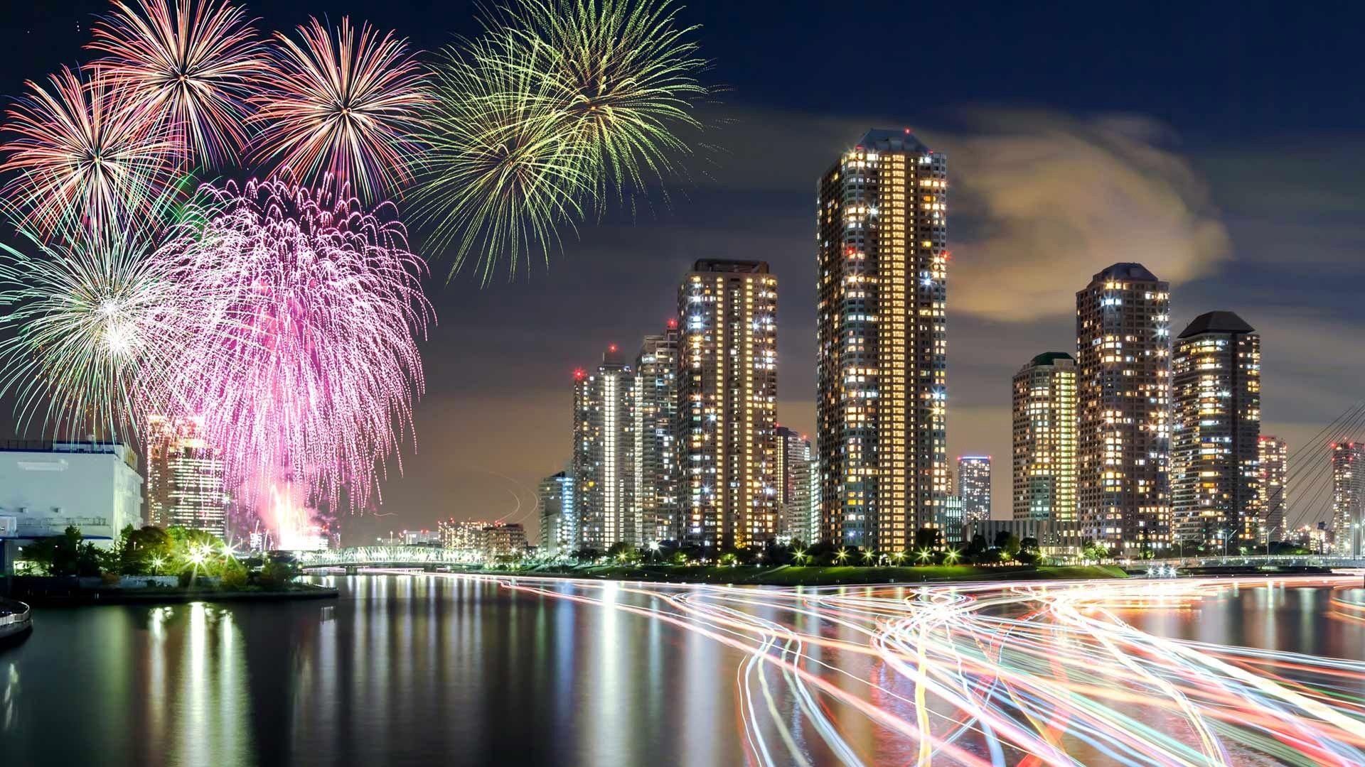 1920x1080 Wallpaper Japan, Tokyo, fireworks, skyscrapers, night, river 1920x1080 Full HD 2K Picture, Image
