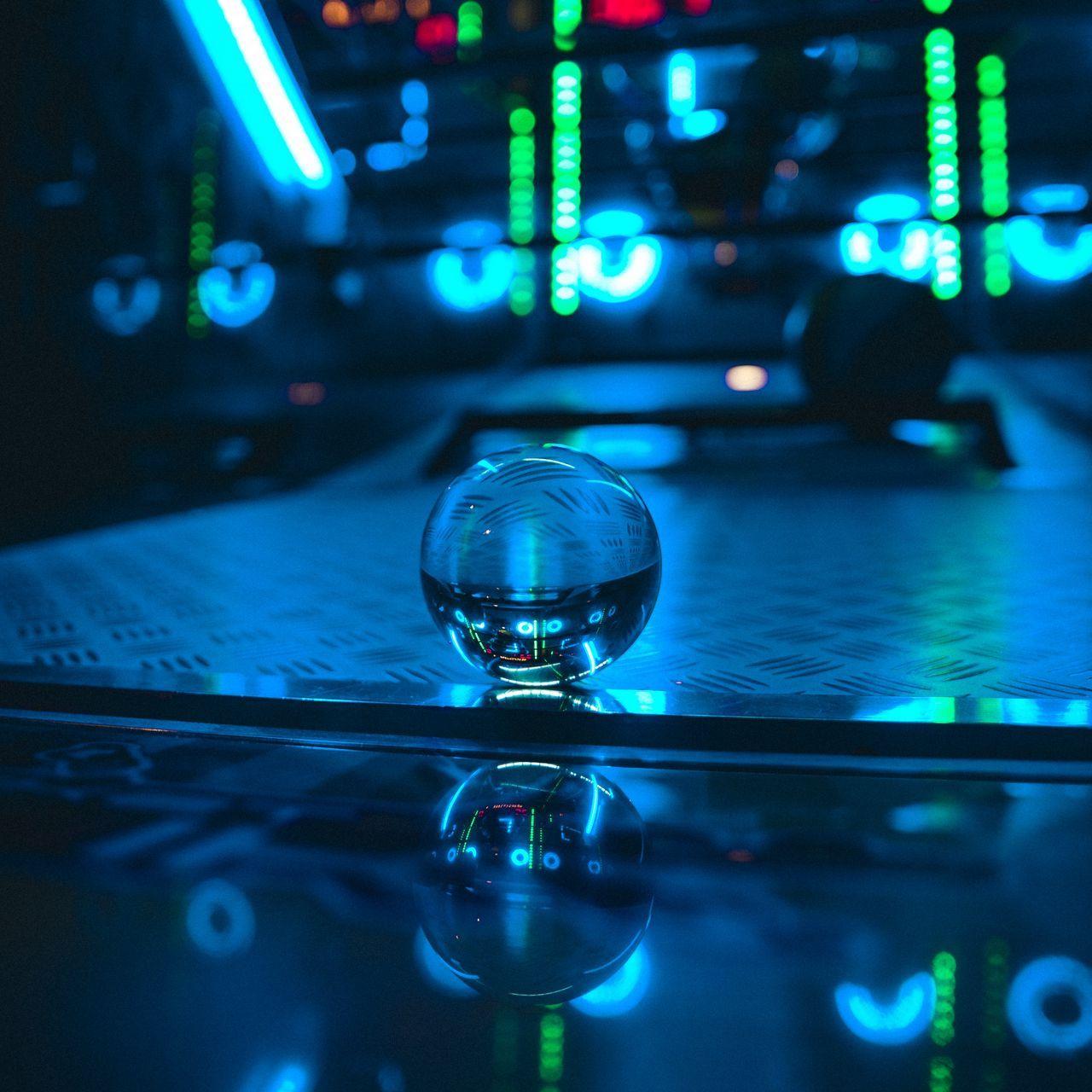 1280x1280 Download wallpaper 1280x1280 ball, glass, neon, reflection, blue ipad, ipad ipad mini for parallax HD background