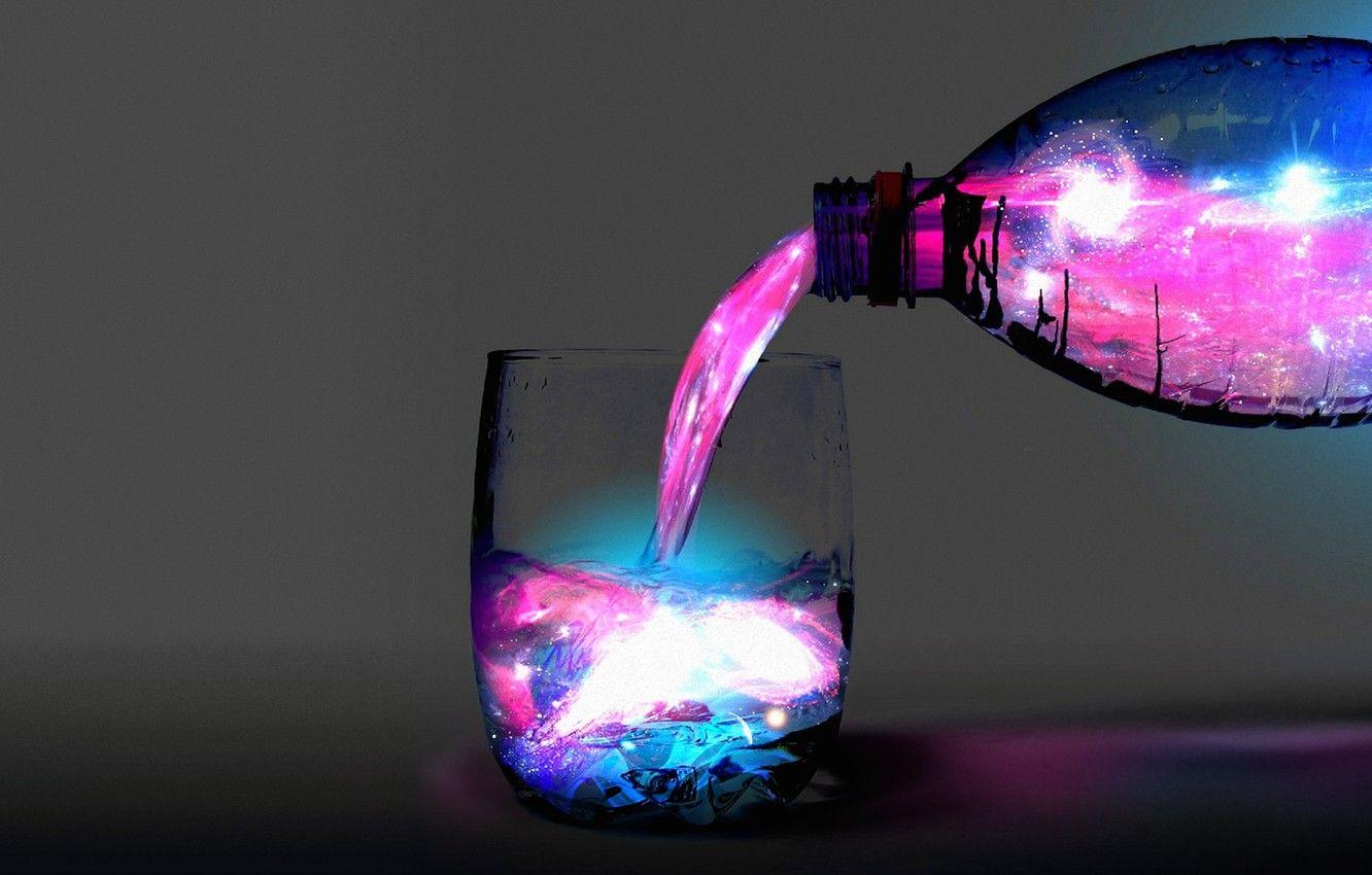 1332x850 Wallpaper glass, bottle, glow, liquid, neon, льется image for desktop, section абстракции