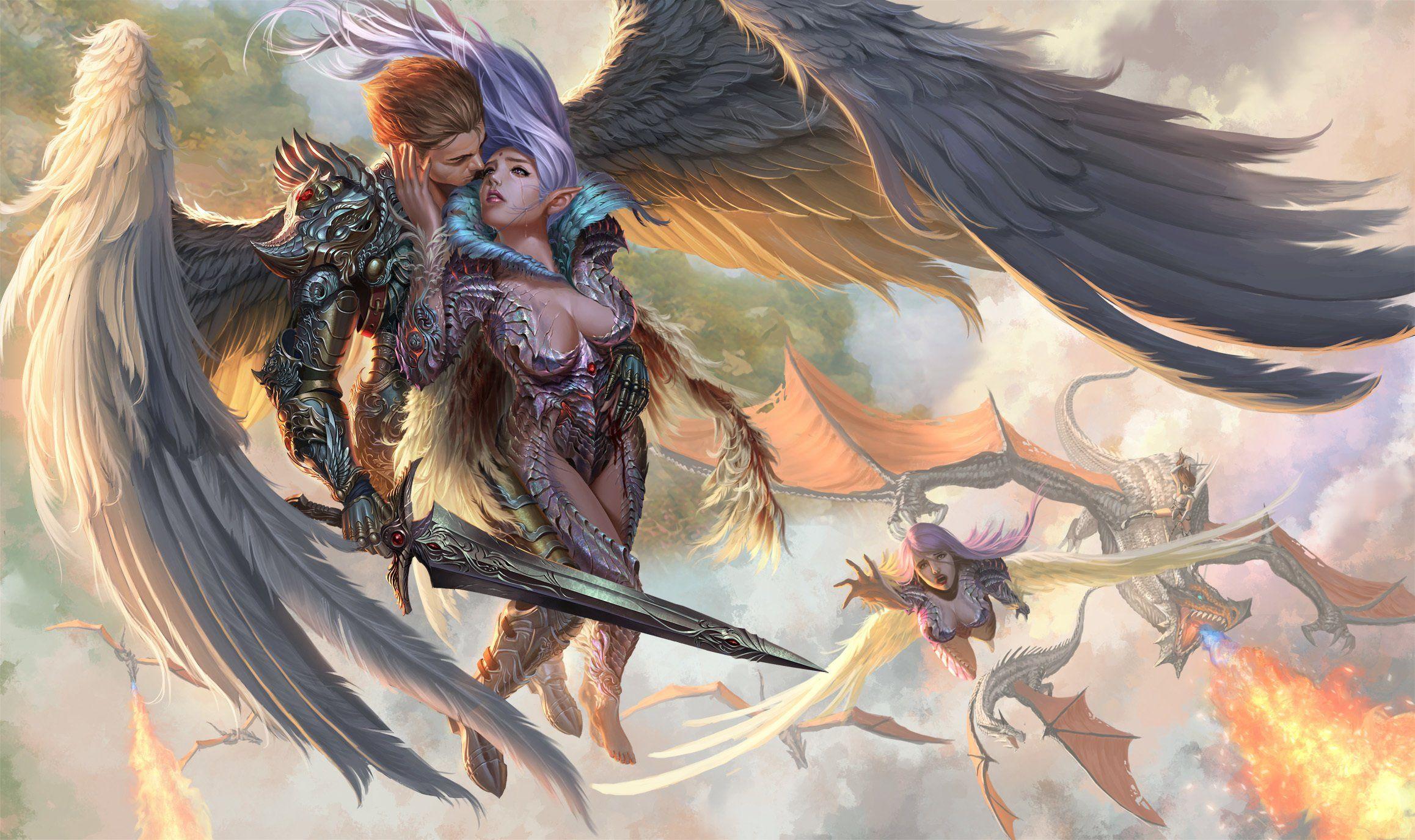 2316x1375 angel, Battle, Dragon, Love, Fire, Hug, Wings, Games, Fantasy, Warrior, Love, Mood Wallpaper HD / Desktop and Mobile Background