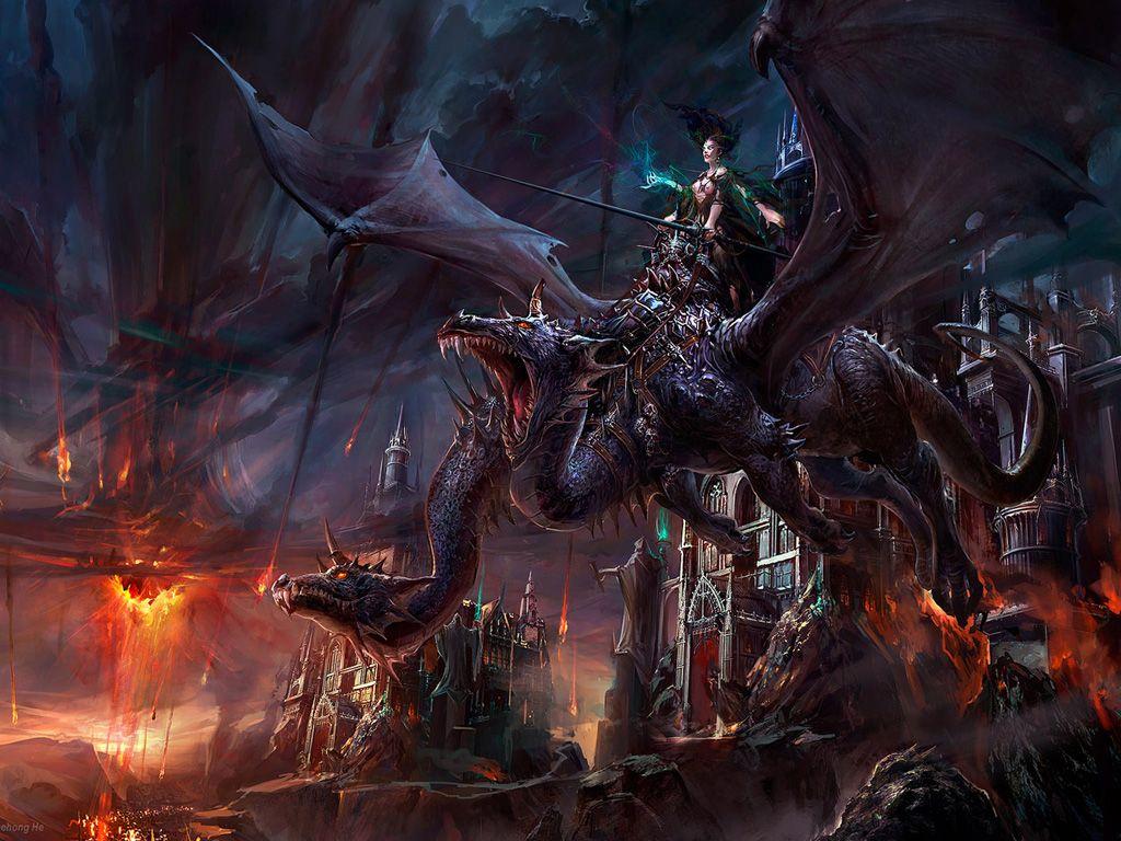 1024x768 Woman and Dragon Wallpaper