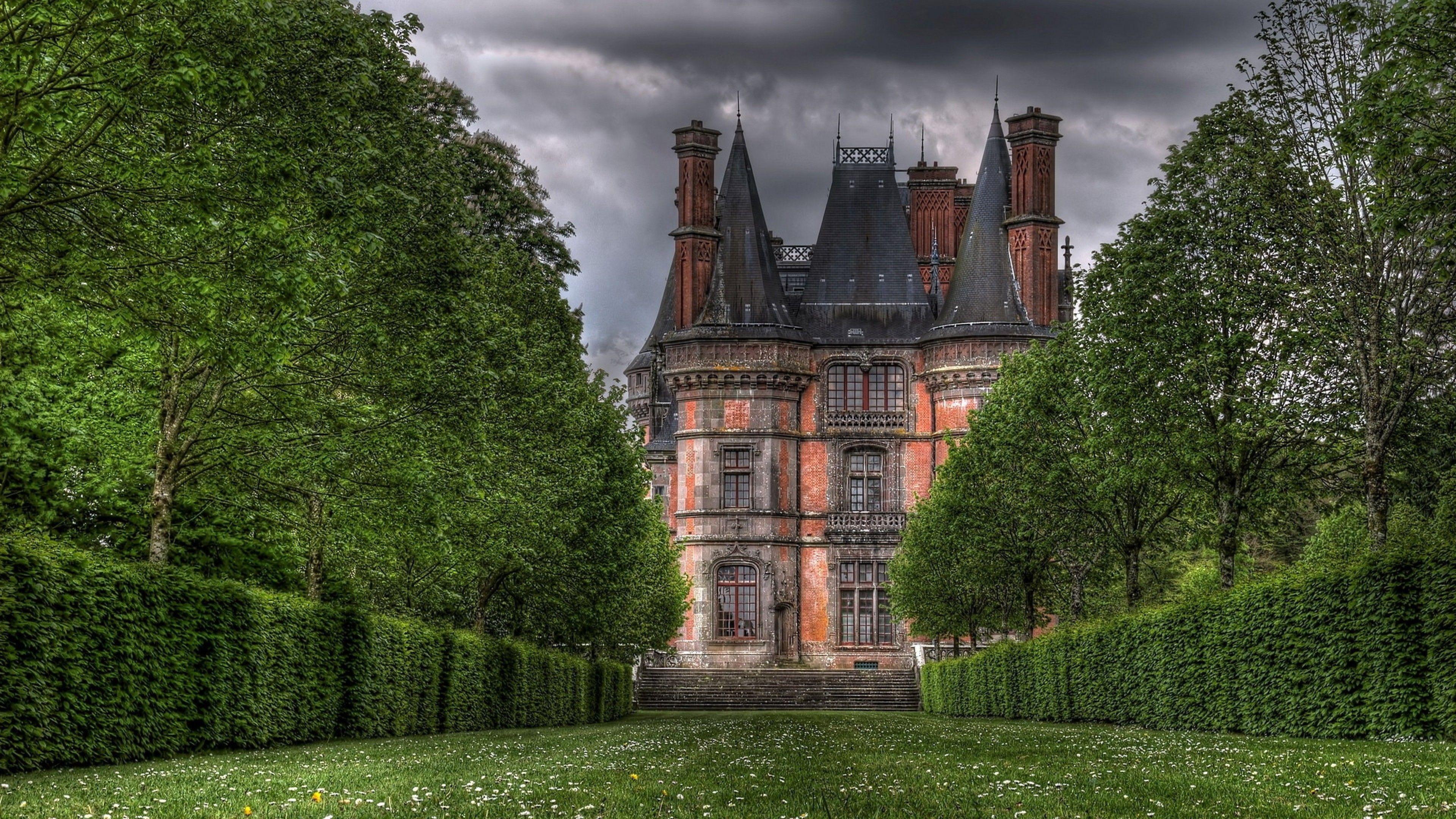 3840x2160 Download 3840x2160 Castle, Buildings, Garden, Shrub, Dark Clouds, Daisy Wallpaper for UHD TV