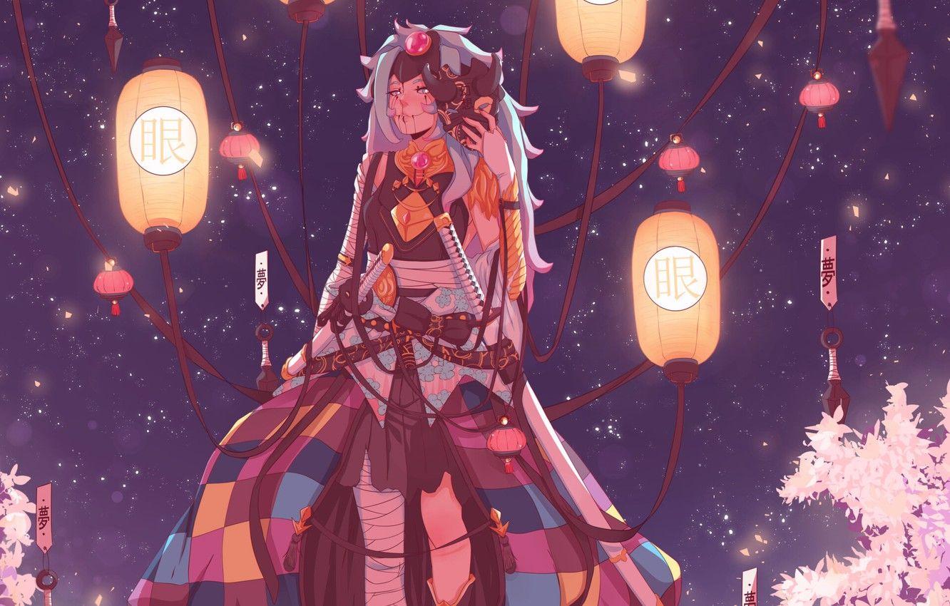 1332x850 Wallpaper Night, Fantasy, Samurai, Fantasy, Katana, Samurai, Illustration, Athena, Lanterns, Characters, Characters, Katana, Illustration, Aesthetics, Aesthetics, Oni image for desktop, section арт