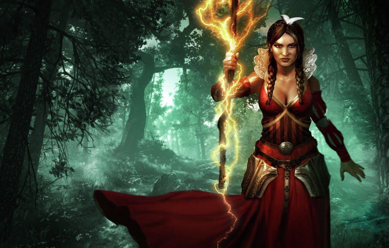 1332x850 Wallpaper forest, look, girl, magic, lightning, woman, figure, dress, fantasy, art, staff, girl, fantasy, forest, magic, sorceress image for desktop, section игры