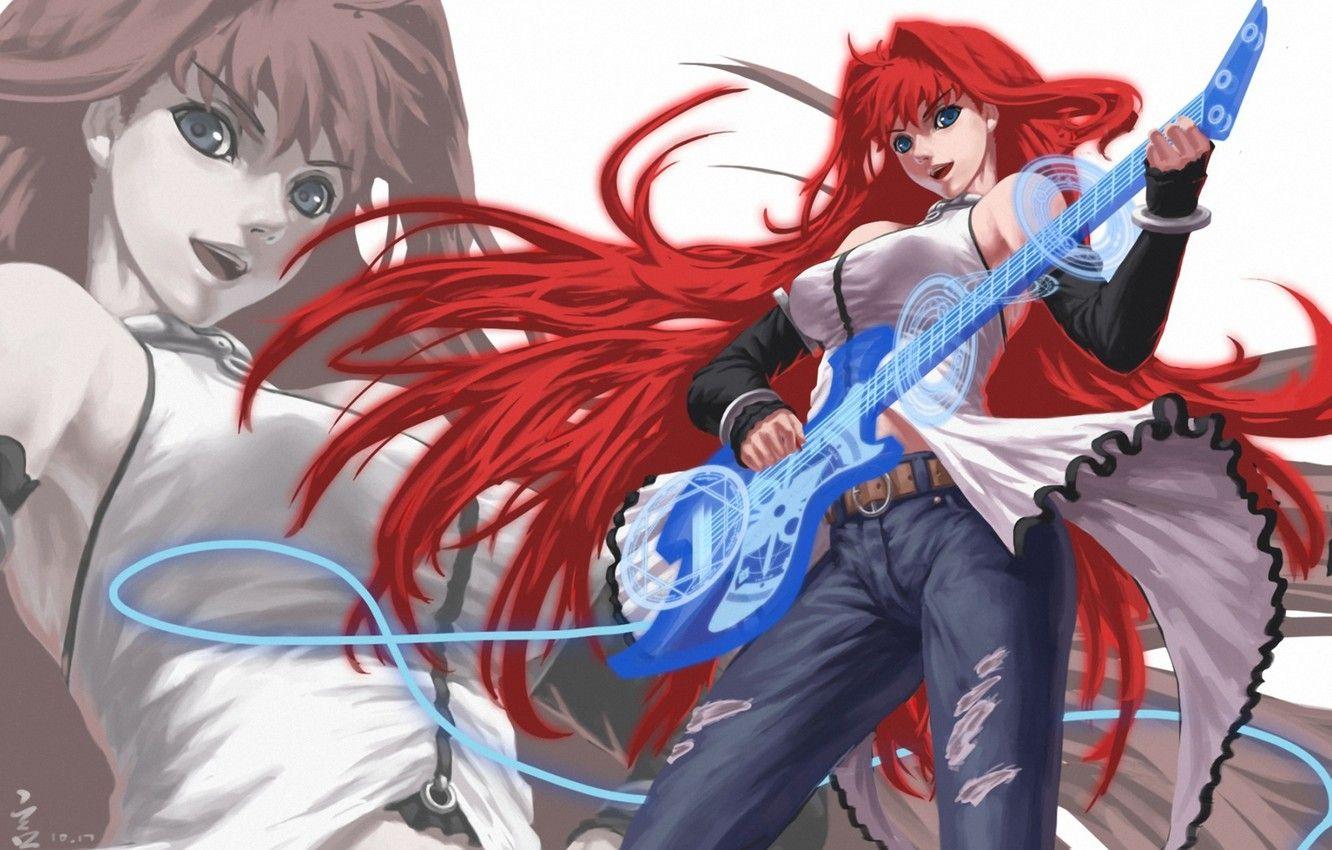 1332x850 Wallpaper girl, guitar, jeans, art, red, aozaki aoko, feitie, shingetsutan tsukihime, mahoutsukai no yoru, torn image for desktop, section арт