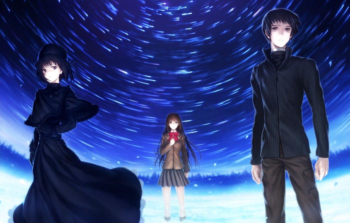 1332x850 Wallpaper forest, stars, night, girls, anime, art, schoolgirl, guy, lain, aozaki aoko, to know alice, mahou tsukai no yoru, shizuka soujuurou image for desktop, section прочее