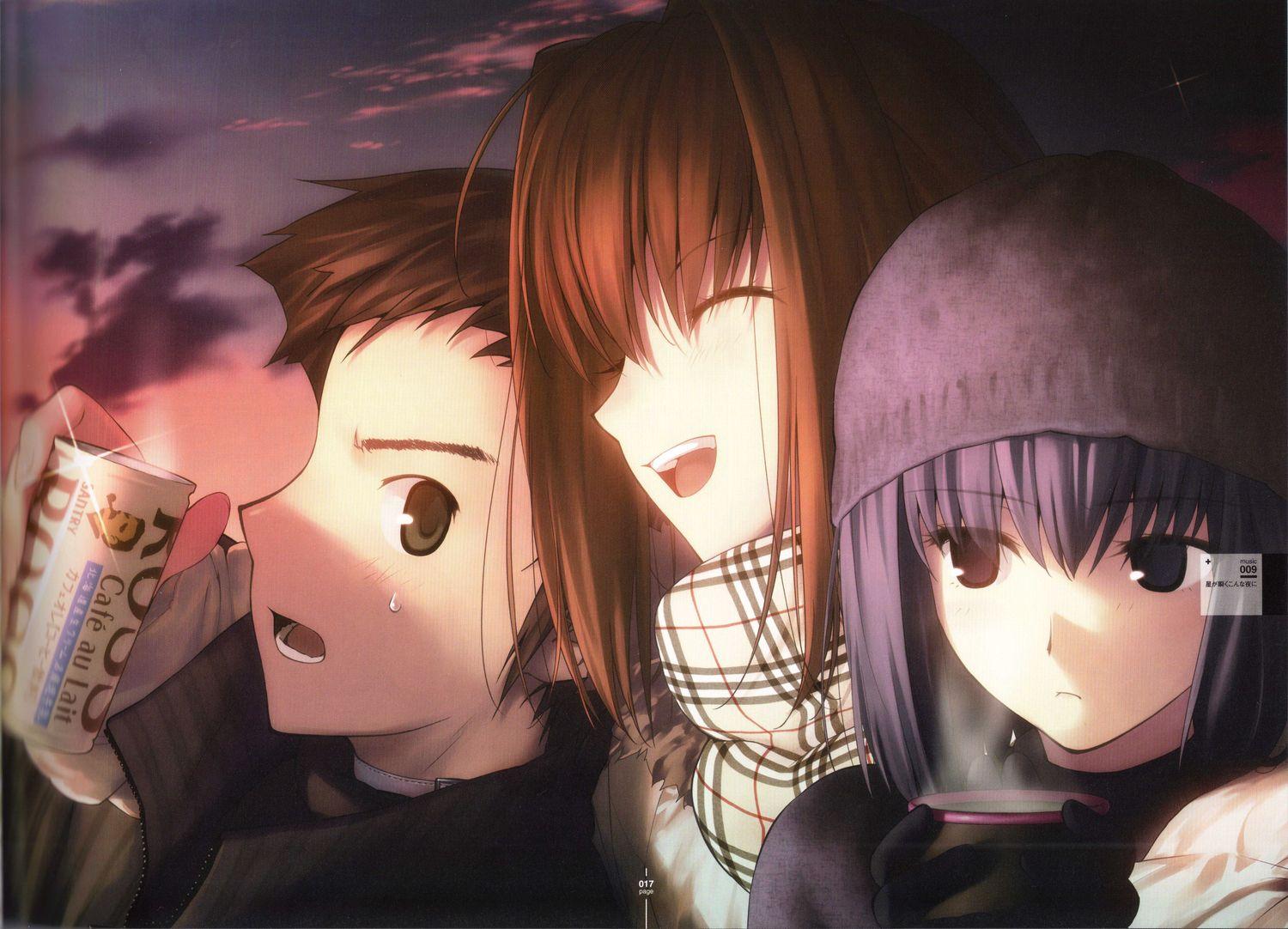 1500x1082 aozaki aoko drink hat koyama hirokazu kuonji alice mahou tsukai no yoru scarf shizuki soujuurou. konachan.com.com Anime Wallpaper