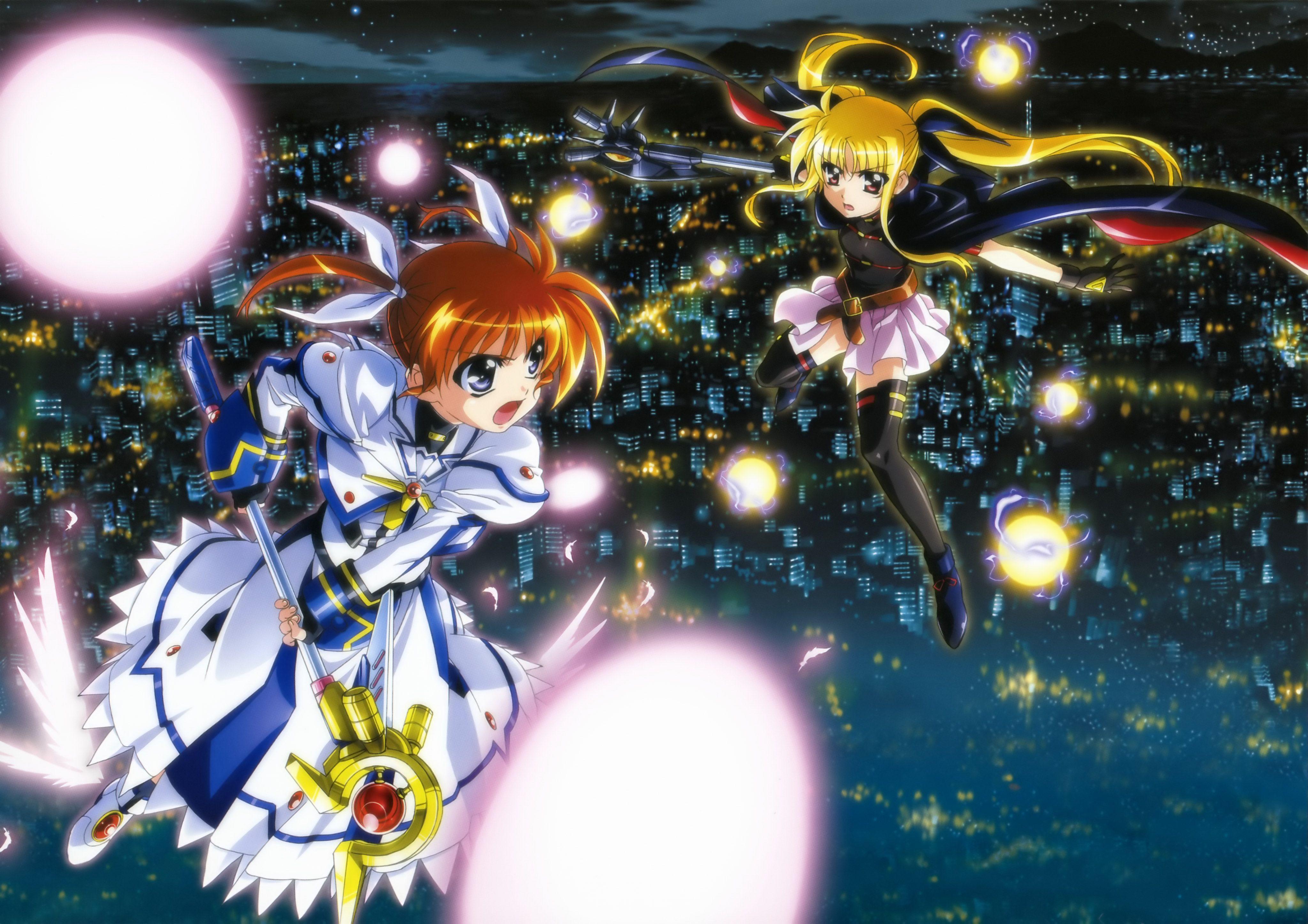 4094x2893 fate testarossa, takamachi nanoha, raising heart, and bardiche (lyrical nanoha and 2 more) drawn