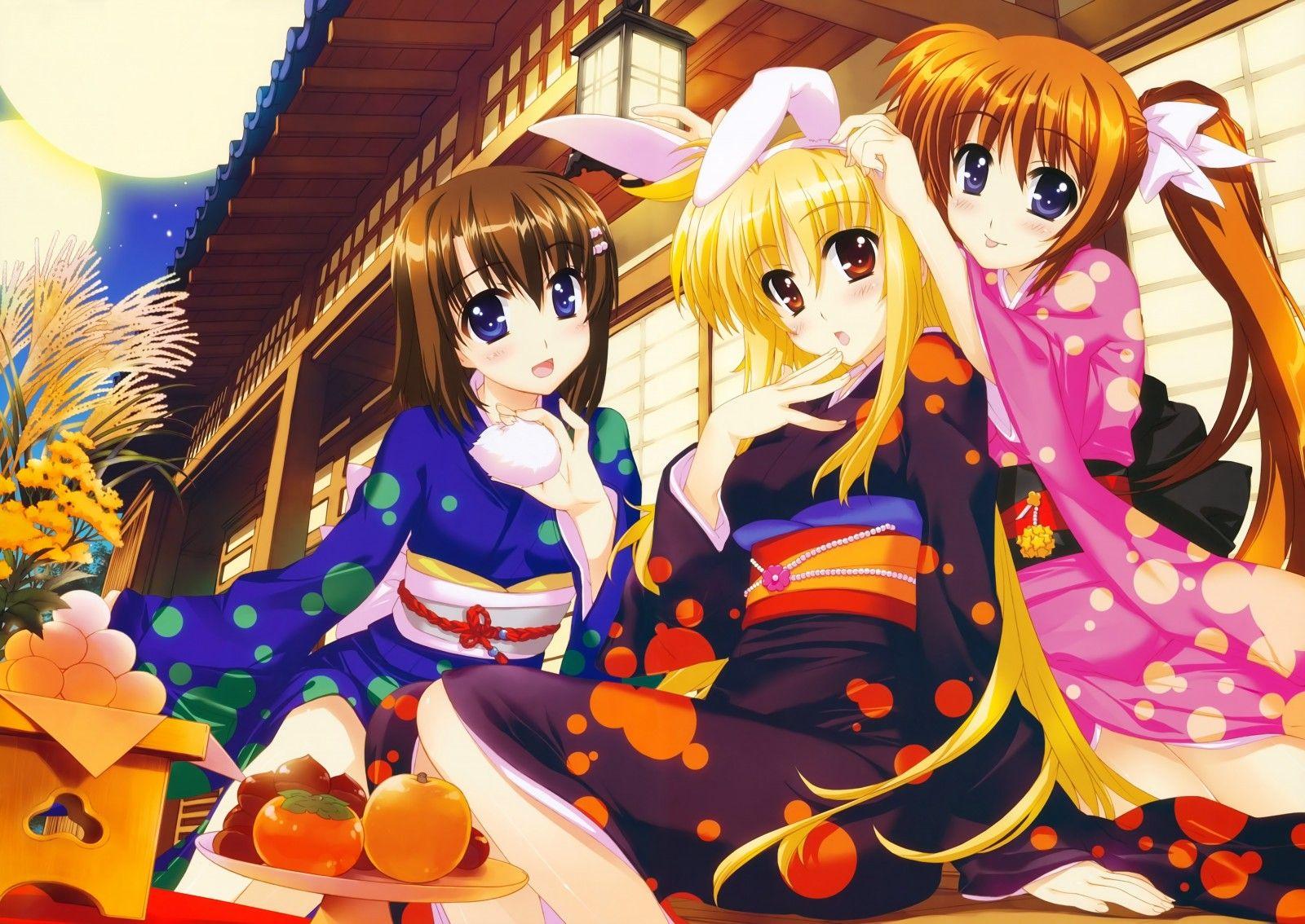 1600x1134 illustration, anime, anime girls, animal ears, cartoon, Japanese clothes, kimono, comics, Fate Testarossa, Mahou Shoujo Lyrical Nanoha, Takamachi Nanoha, Yagami Hayate, mangaka