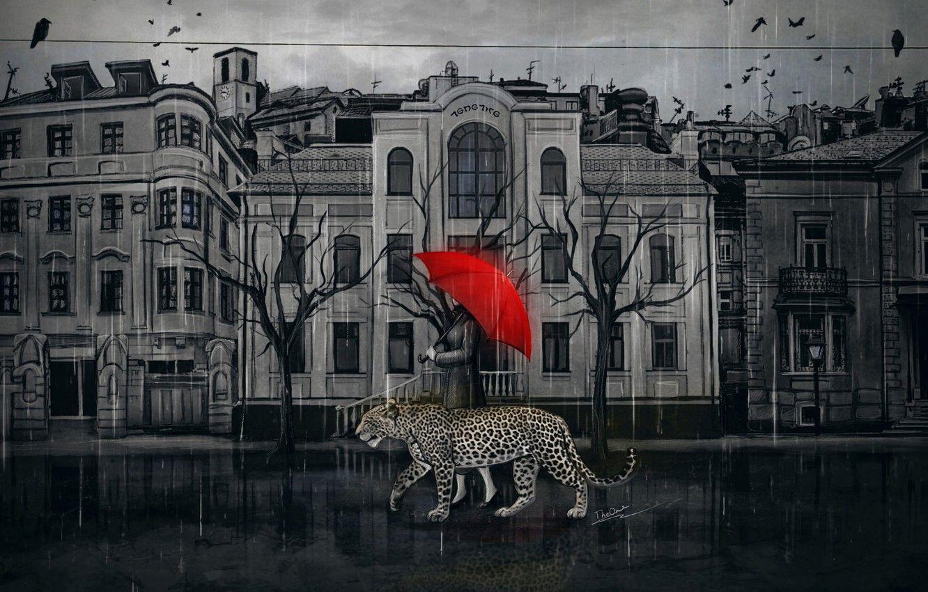 1332x850 Wallpaper city, red, girl, rain, leopard, digital, animals, umbrella, art, birds, painting, walk, reflection, buildings, artwork, raining image for desktop, section арт