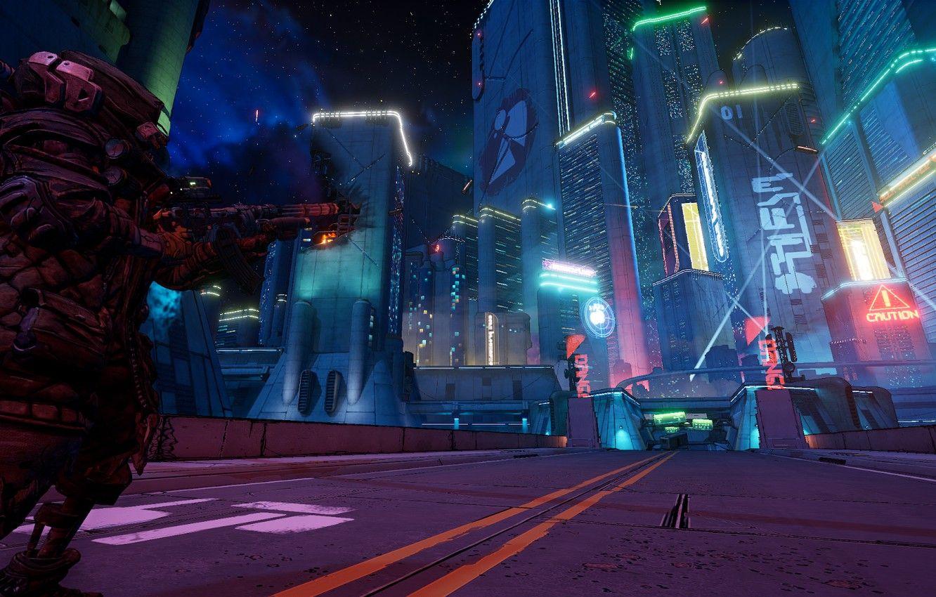 1332x850 Photo Wallpaper The City, Neon, Guns, Cyberpunk, Borderlands 3 Neon City