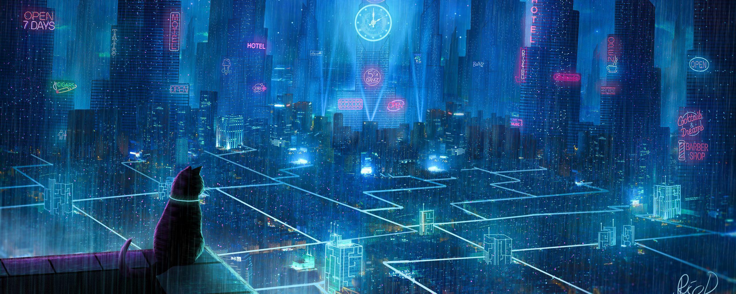 2560x1024 Download wallpaper 2560x1024 cat, roof, city, neon lights, metropolis, future, cyberpunk ultrawide monitor HD background