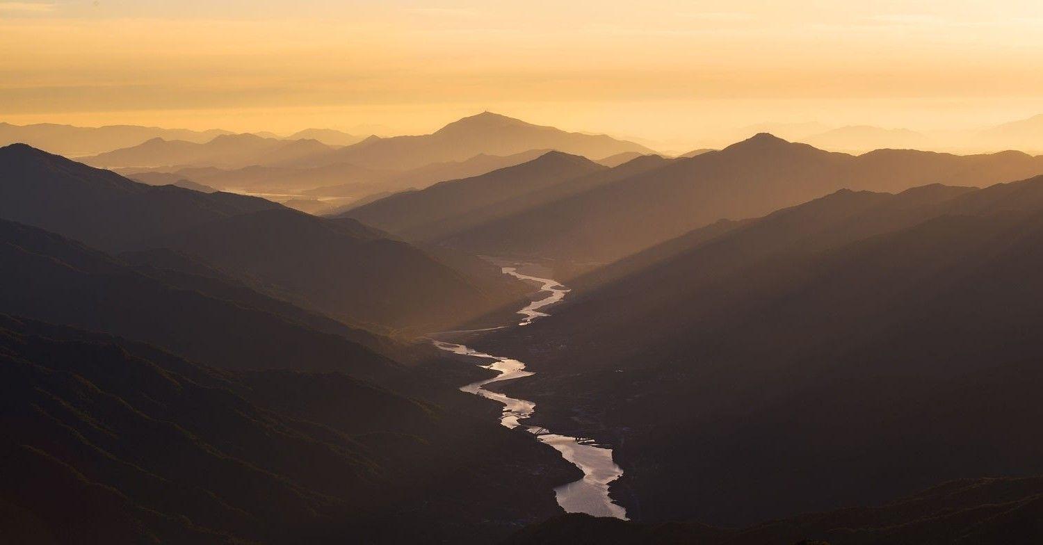 1500x784 nature, Photography, Landscape, Morning, Sunlight, River, Sun Rays, Mist, Mountains, South Korea Wallpaper HD / Desktop and Mobile Background