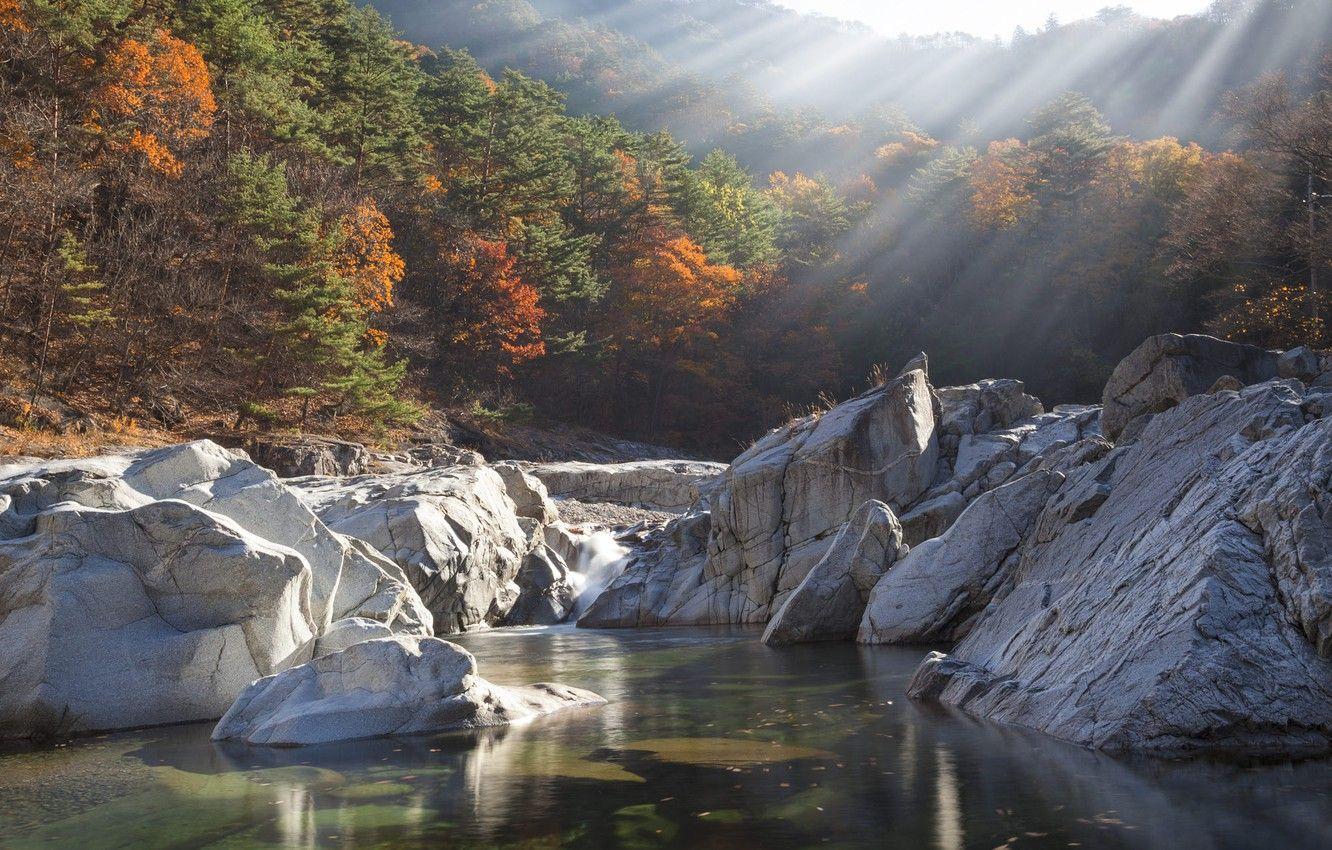 1332x850 Wallpaper autumn, water, rays, trees, landscape, mountains, nature, river, stones, morning, valley, forest, Korea, jae youn Ryu image for desktop, section пейзажи