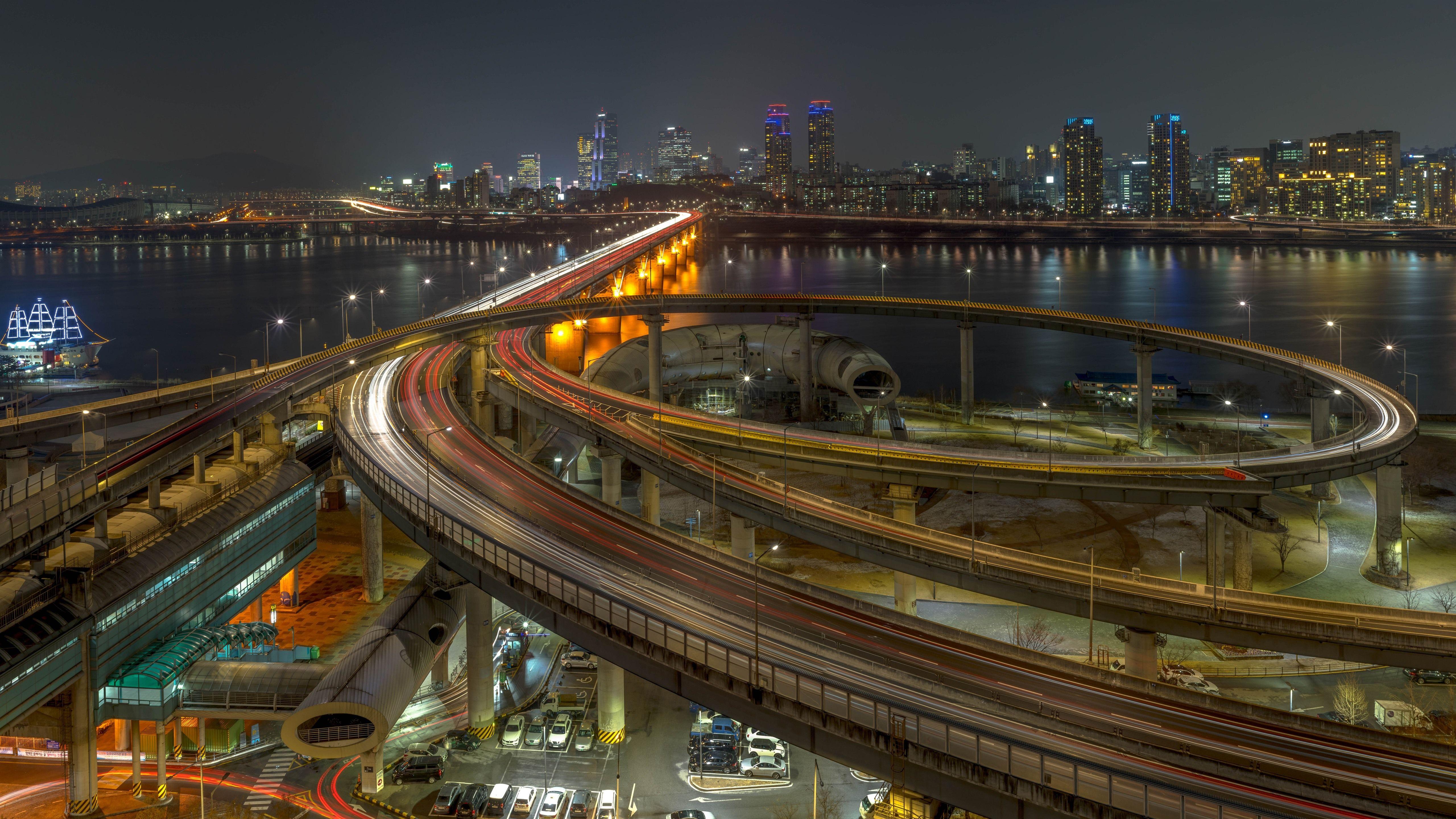 5120x2880 Wallpaper South Korea, Seoul, city, night, highway, roads, bridge, river, lights 5120x2880 UHD 5K Picture, Image