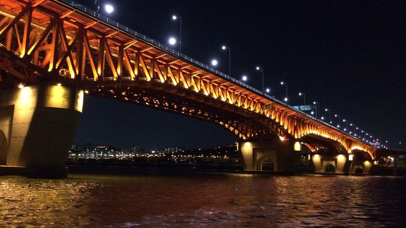 1366x768 Han River, bridge, illumination, lights, Seoul, Korea Desktop Wallpaperx768 wallpaper download