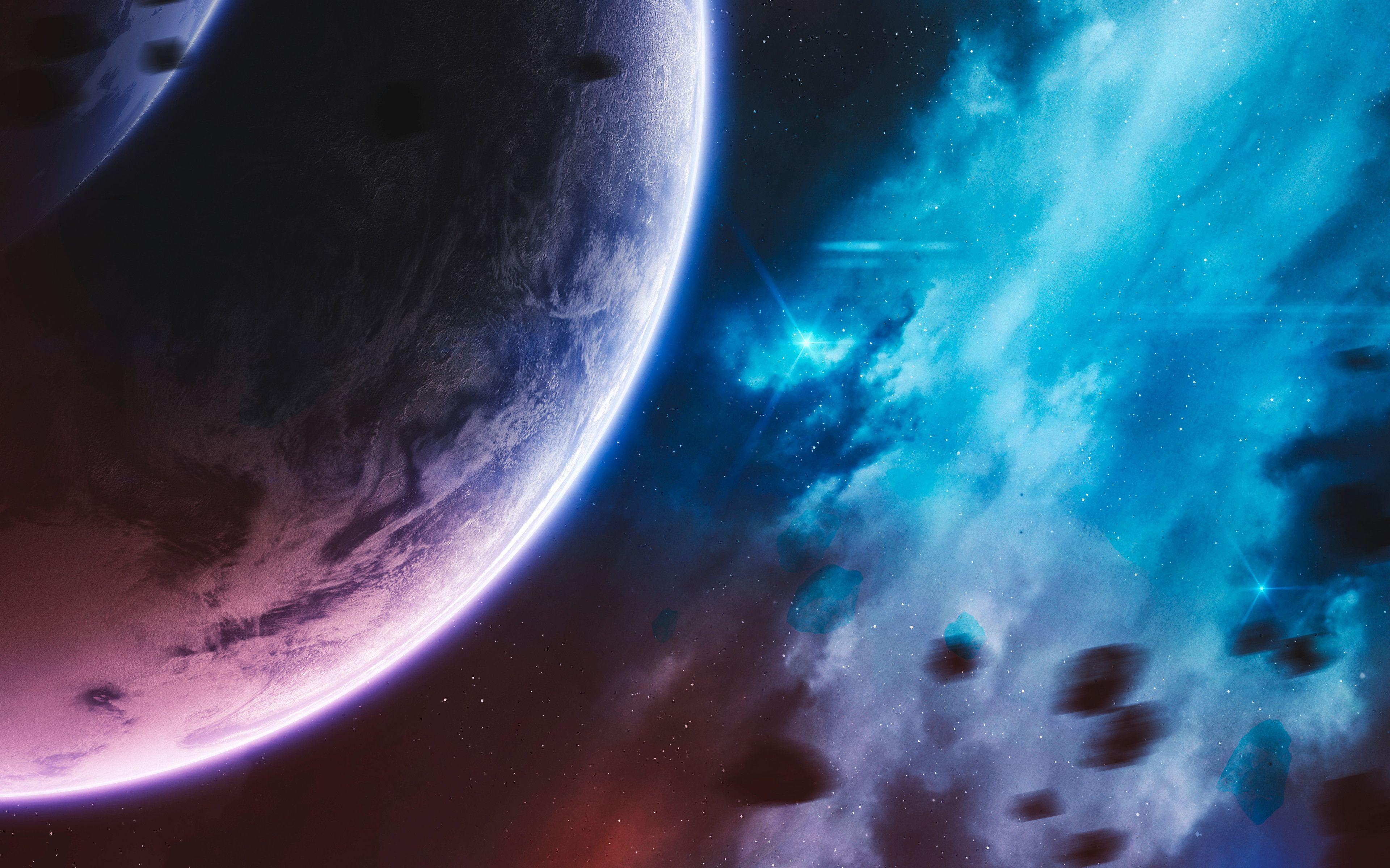 3840x2400 Purple Planet Wallpaper 4K, Cosmos, Stars, Blue Galaxy, Asteroids, Space