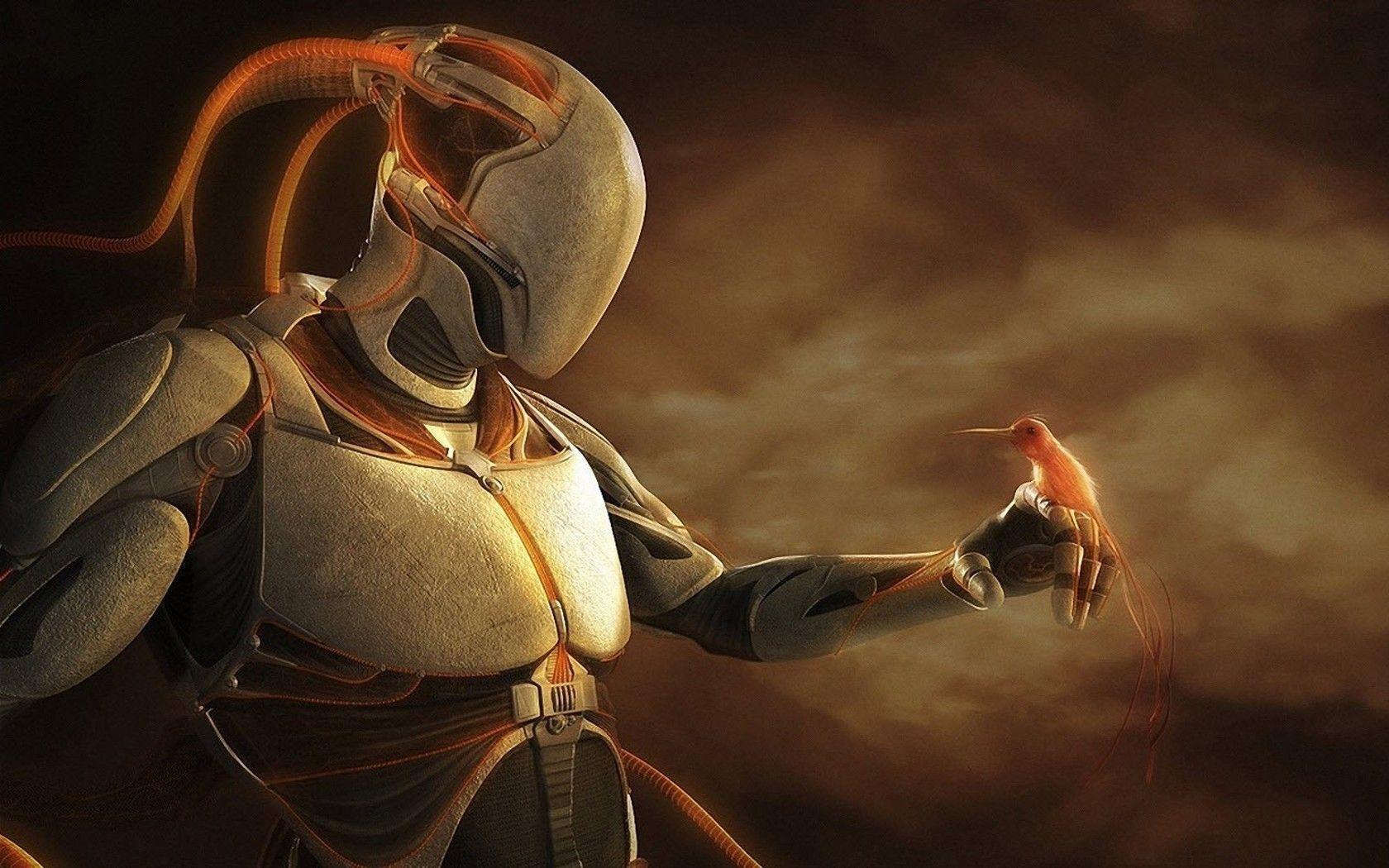 1680x1050 robot, birds, Android, upscaled wallpaper