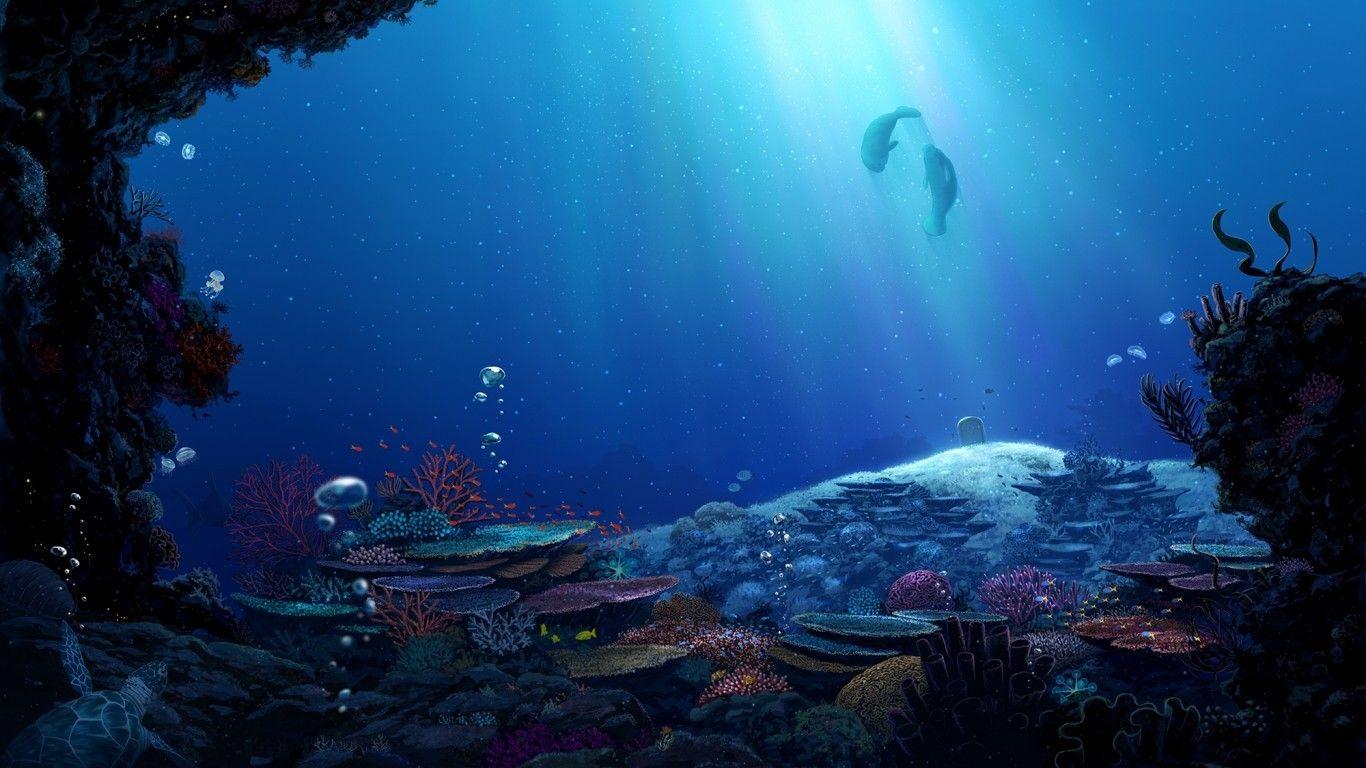 1366x768 Download 1366x768 Anime Underwater, Fishes, Sunlight, Scenic Wallpaper for Laptop, Notebook