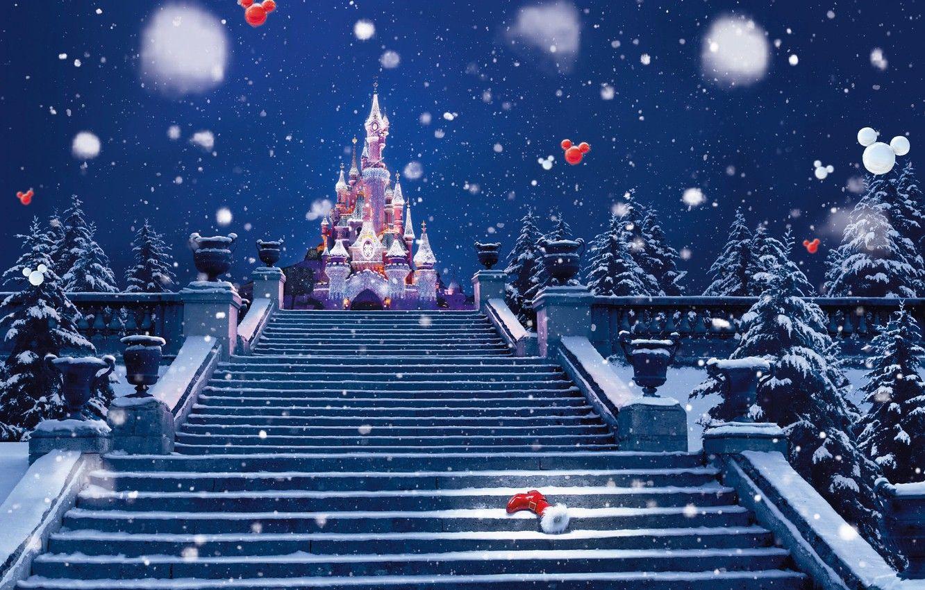 1332x850 Wallpaper winter, snow, decoration, lights, castle, holiday, Paris, Christmas, Spruce, ladder, New year, stage, Paris, Disneyland, tree, Disneyland image for desktop, section новый год