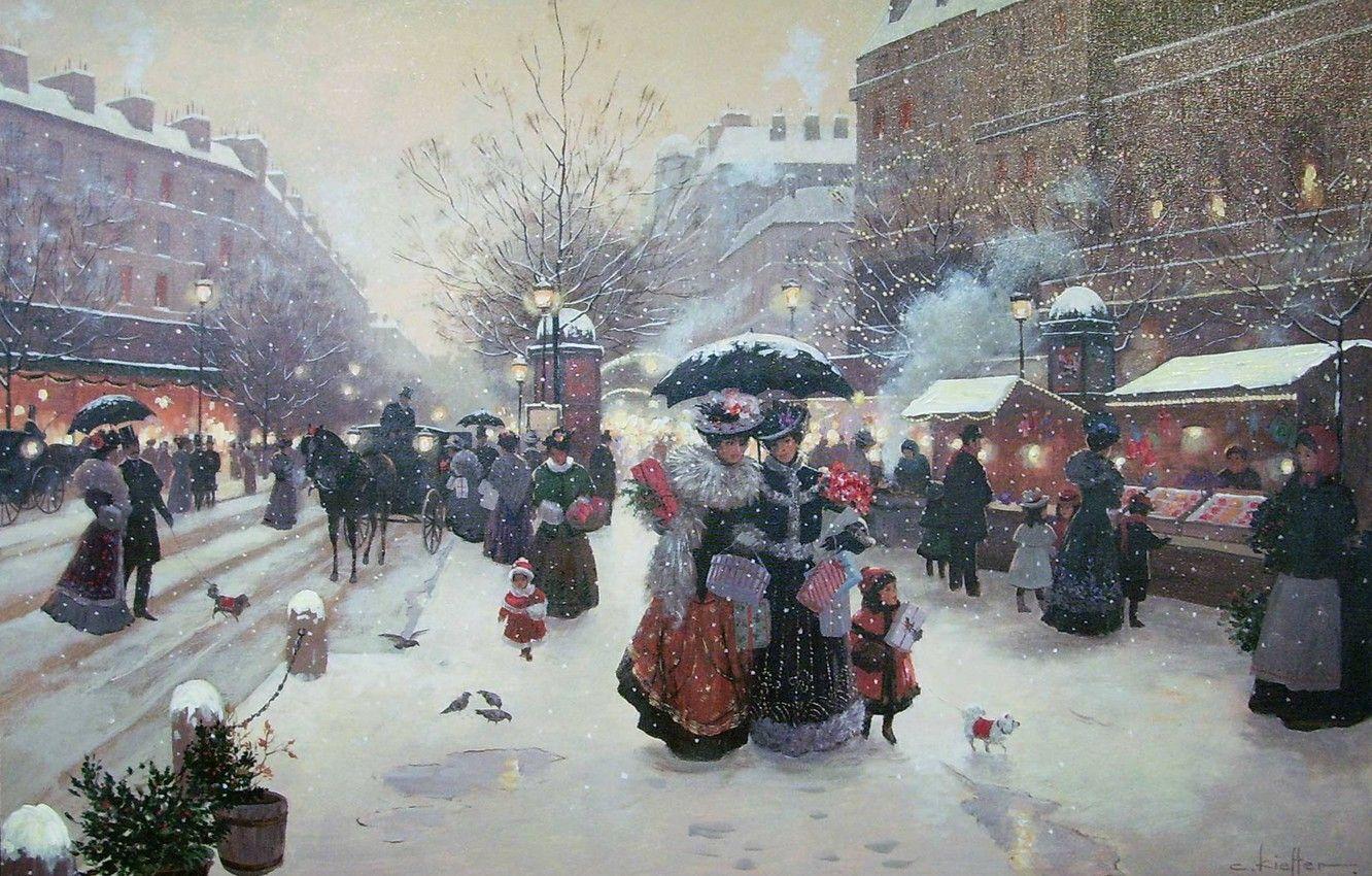 1332x850 Wallpaper winter, holiday, ladies, street, France, Paris, Christmas, gifts, New year, painting, market, Winter Pleasures, Christa Kieffer image for desktop, section живопись