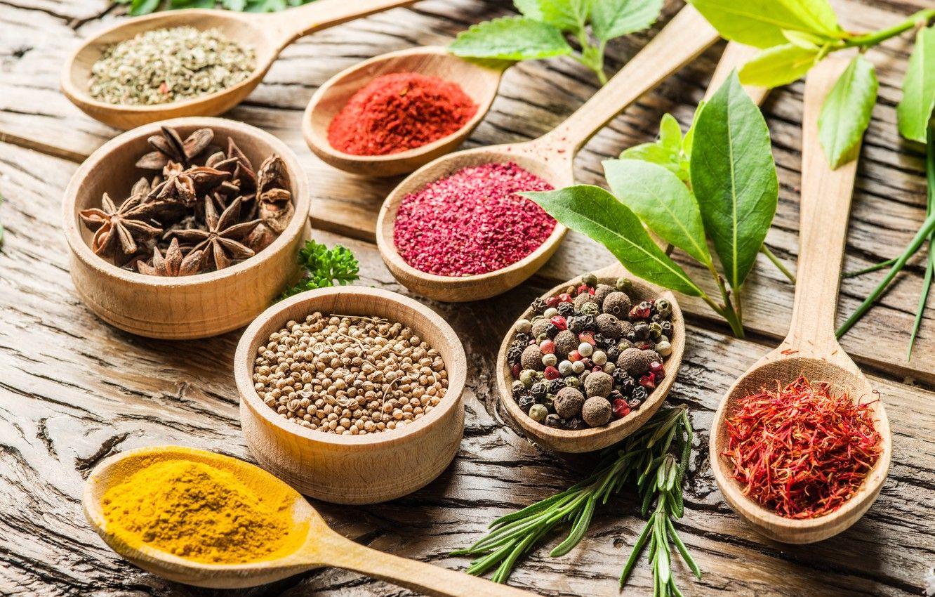 1332x850 Wallpaper pepper, grass, wood, spices, spoon, anise star, spices, Laurel, turmeric image for desktop, section еда