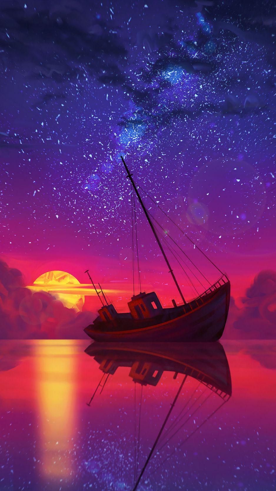 938x1668 Download Wallpaper 938x1668 Ship, Full Moon, Horizon, Sunset, Art Iphone 8 7 6s 6 For Parallax HD Background