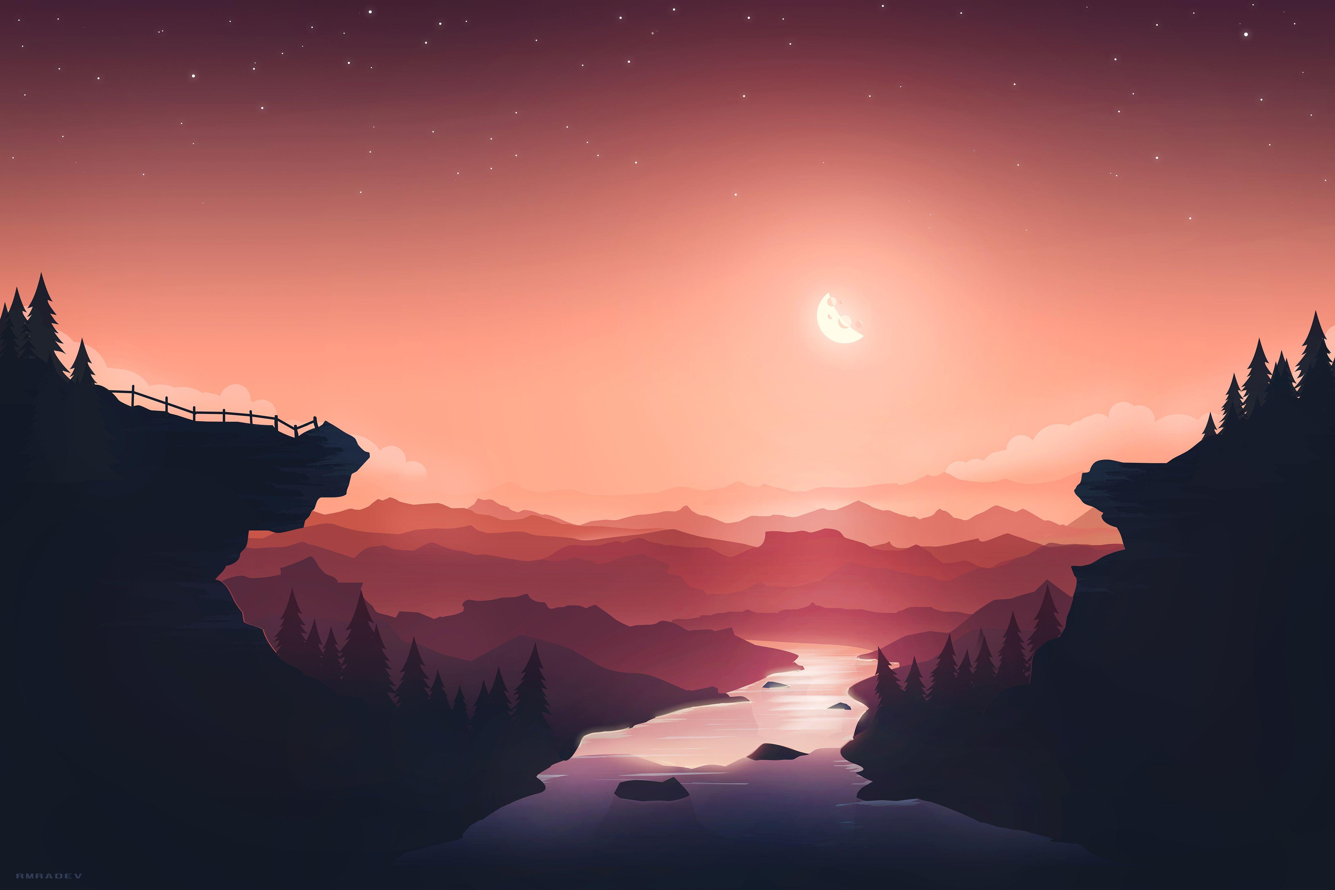 4500x3000 Sunset 4K Wallpaper, Moon, River, Mountains, Gradient background, Peach background, Aesthetic, Nature