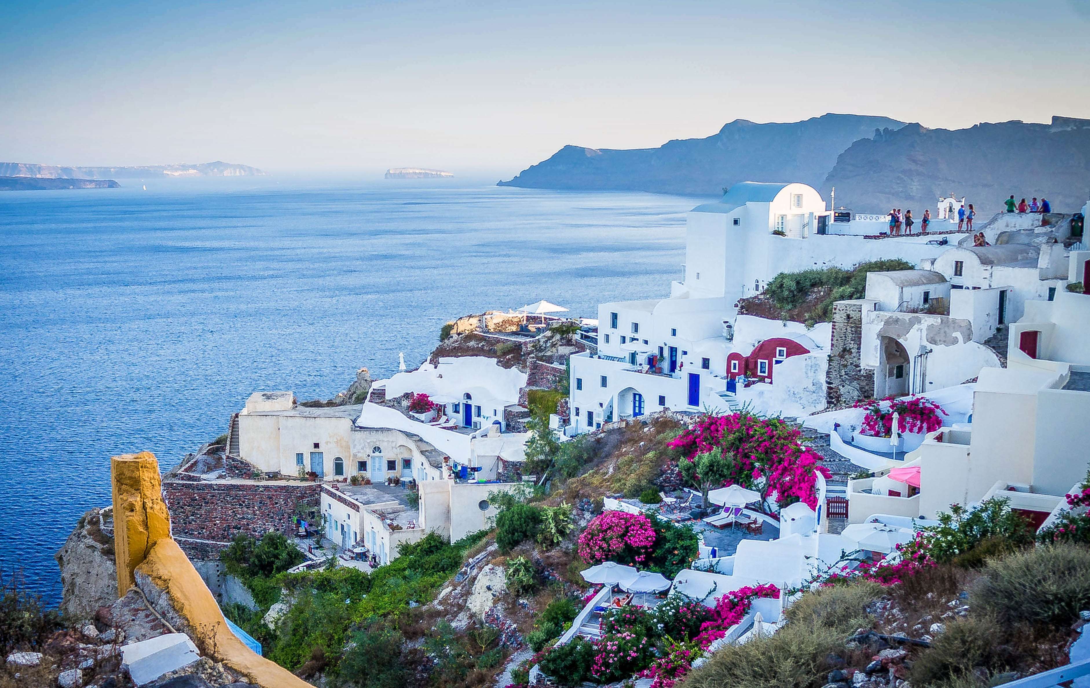 3765x2375 aegean, architecture, beautiful, beauty, blue, coast, flowers
