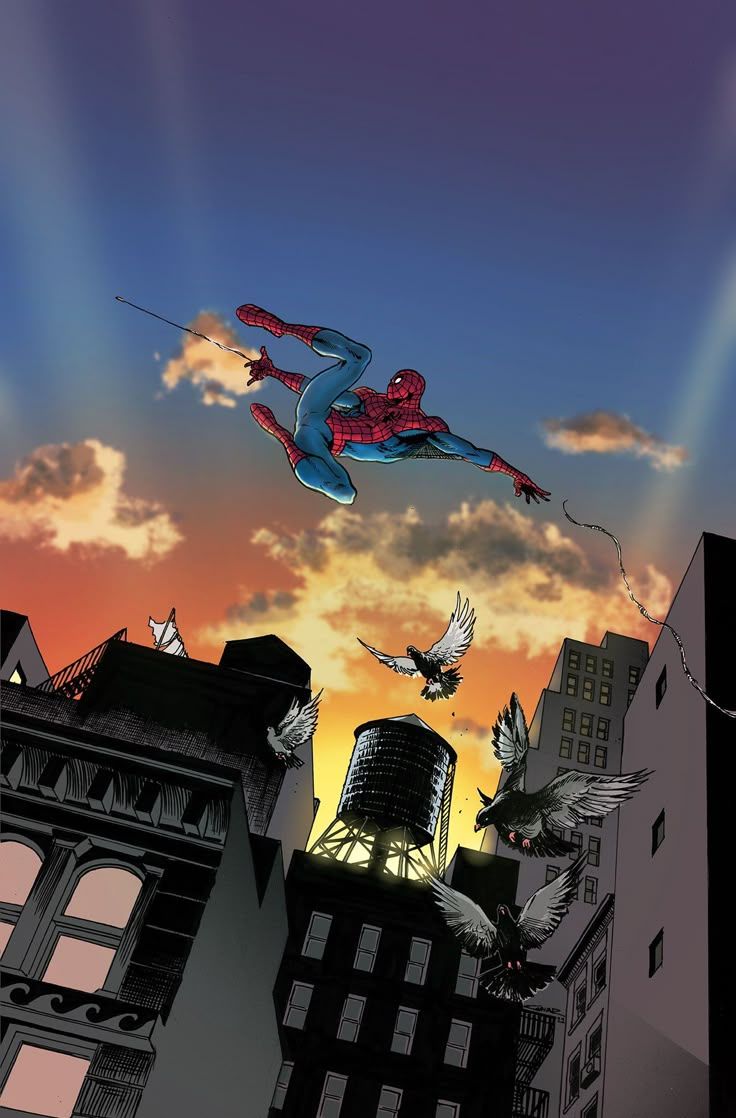 736x1118 Spider Man Flying Over City At Sunset. Spiderman Comic City Background, Spiderman Comic Wallpaper, Spiderman