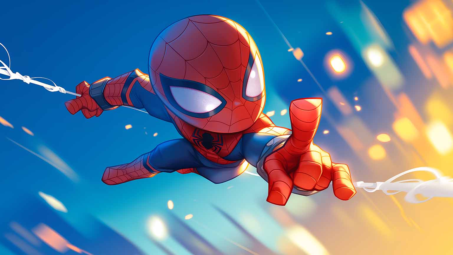 1536x864 Marvel Superheroes Chibi Spiderman Swinging Desktop Wallpaper