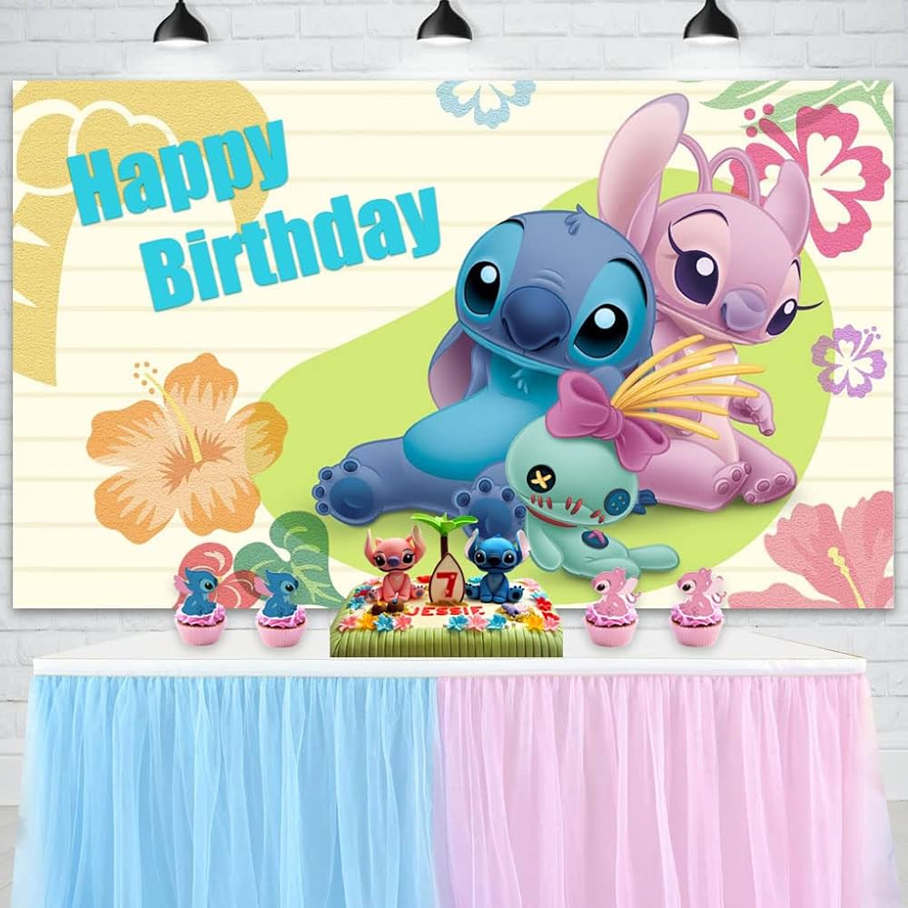 1000x1000 Stitch and Angel Backdrop Lilo and Stitch Happy Birthday Party Supplies Decorations Summer Tropical Hawaiian Photo Background 5x3ft Kids Aloha Luau Party Supplies Banner : Amazon.sg: Electronics