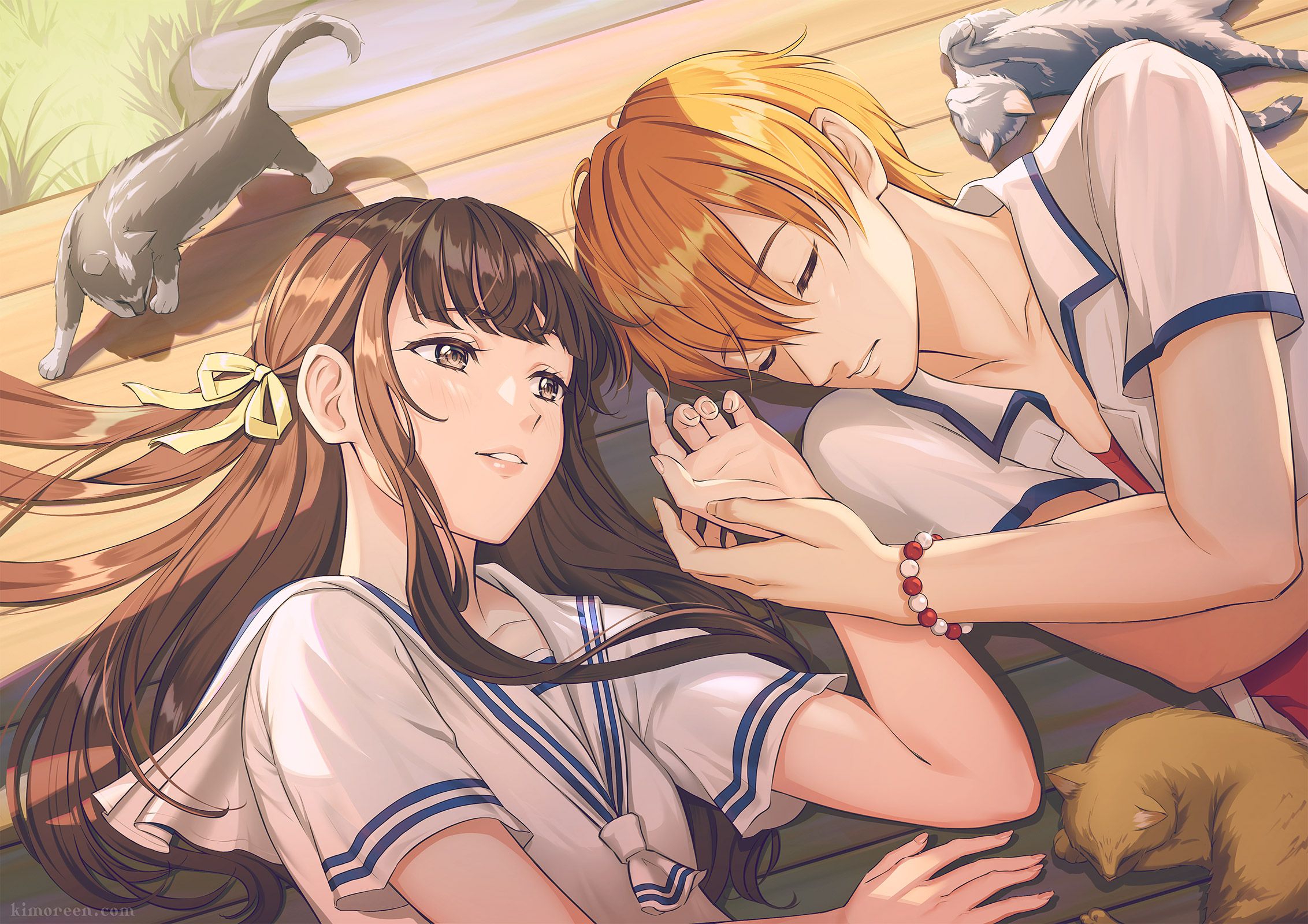 2264x1600 Fruits Basket HD Wallpaper: Kyo Sohma & Tohru Honda in Heartfelt Anime Moment