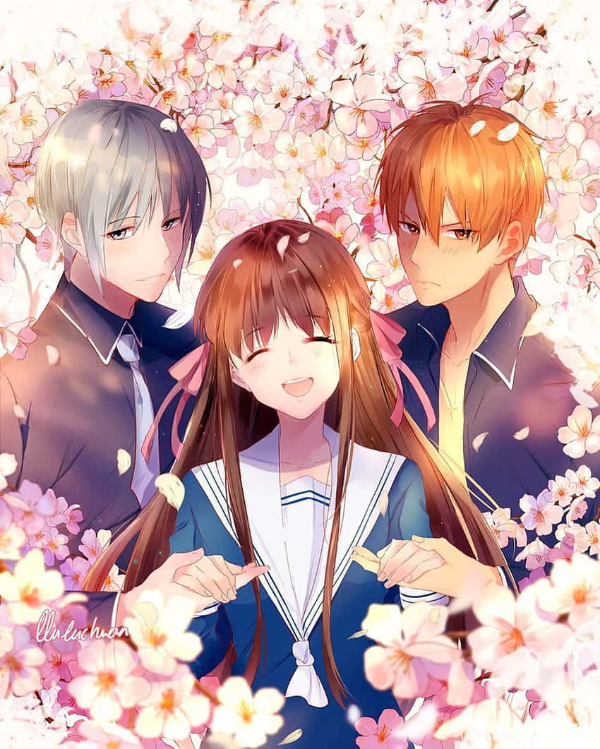 850x1061 Download Tohru Yuki And Kyo With Flowers Fruits Basket Anime Wallpaper