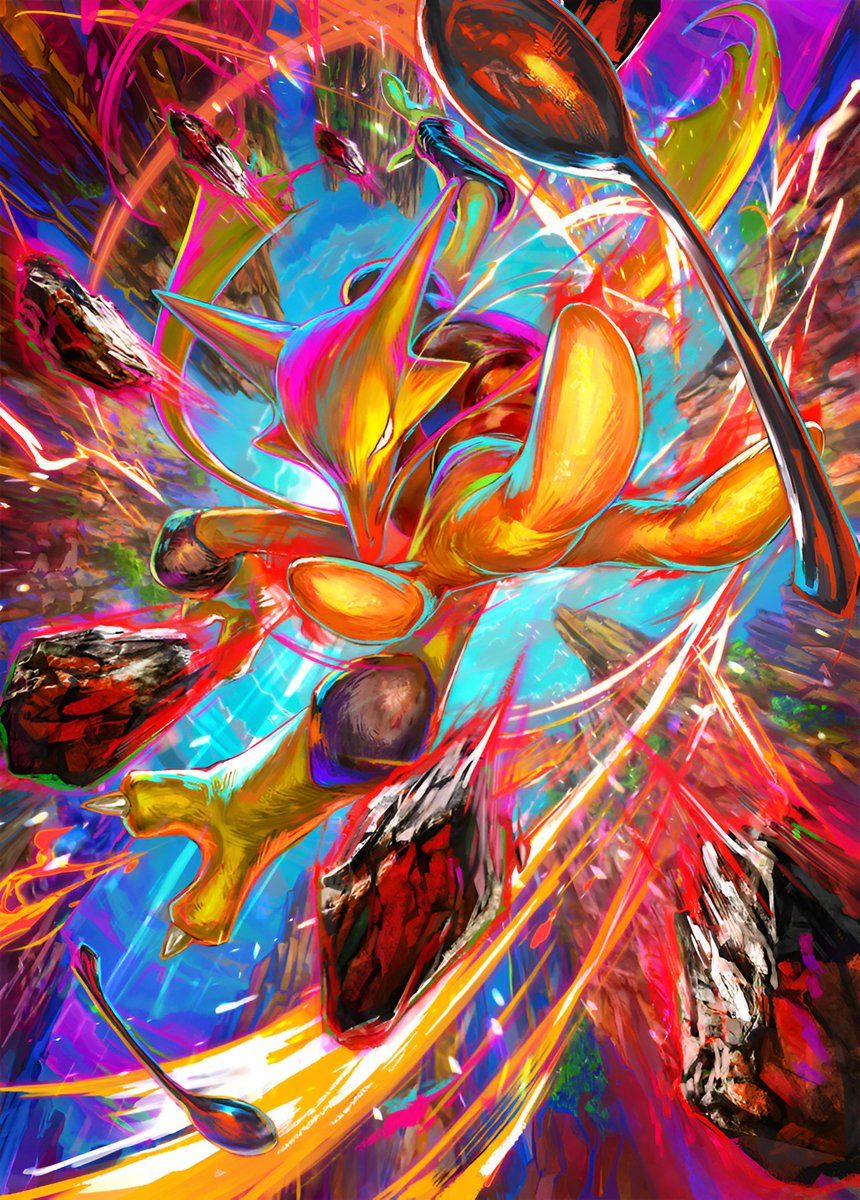 860x1200 High Quality textless version of #Alakazam Full Art card from Pokemon TCG Pocket. Details: OFFICIAL KEY ARTK 1468x2048. Genetic Apex (A1). Artwork illustrated by Akira Egawa. #PokemonTCG #Textless #illustration #
