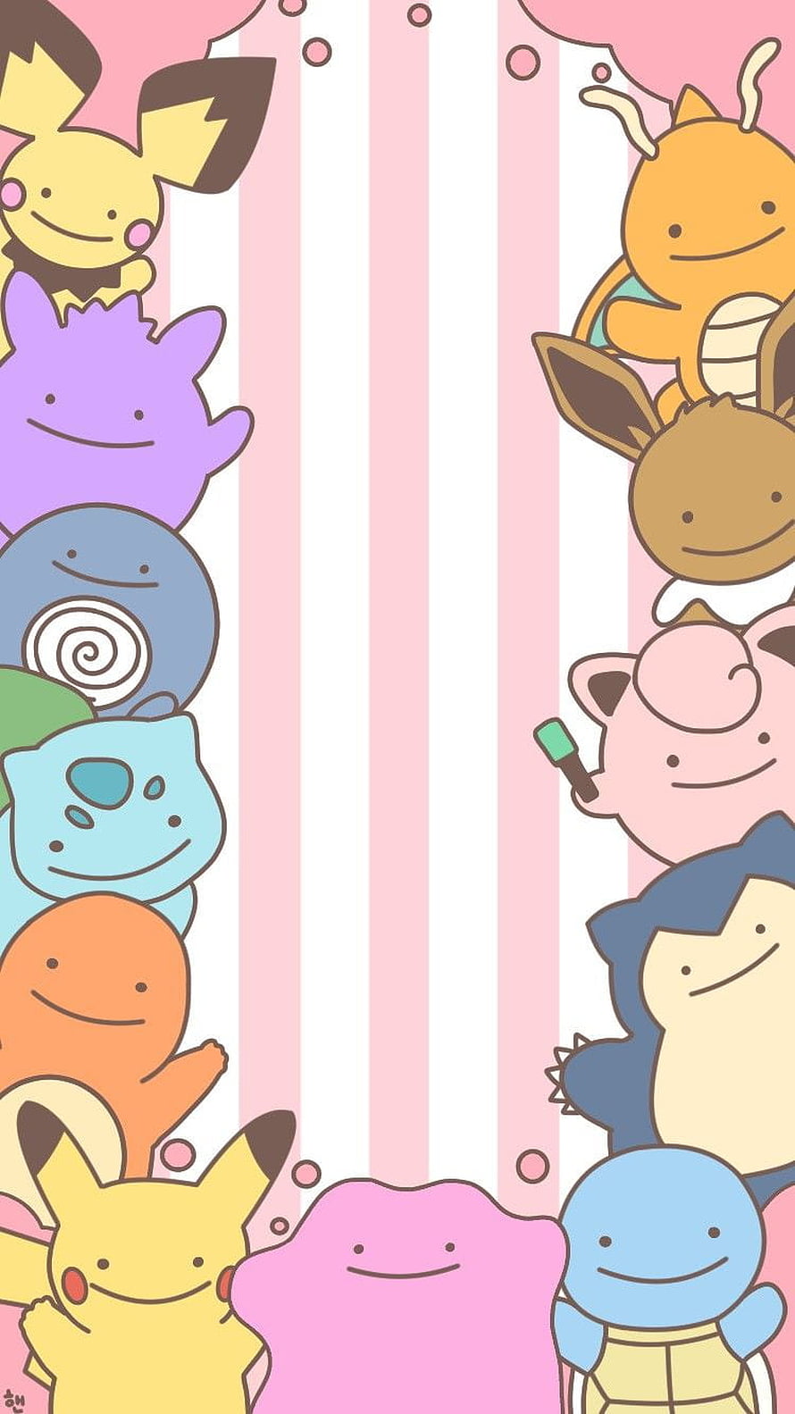 890x1583 Cute Kawaii Pokemon Group Wallpaper with Pikachu, Charmander, Squirtle, and Bulbasaur on Pink Striped Background, Pokemon. Cute pokemon, Pokemon, Ditto HD phone wallpaper