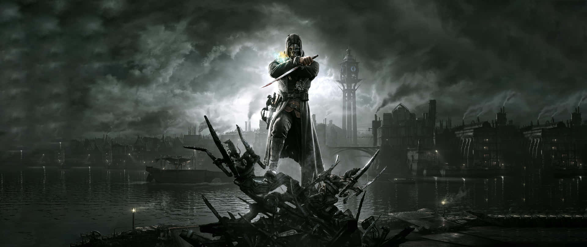 1920x810 Dishonored Black And White Ultra Wide Gaming Wallpaper