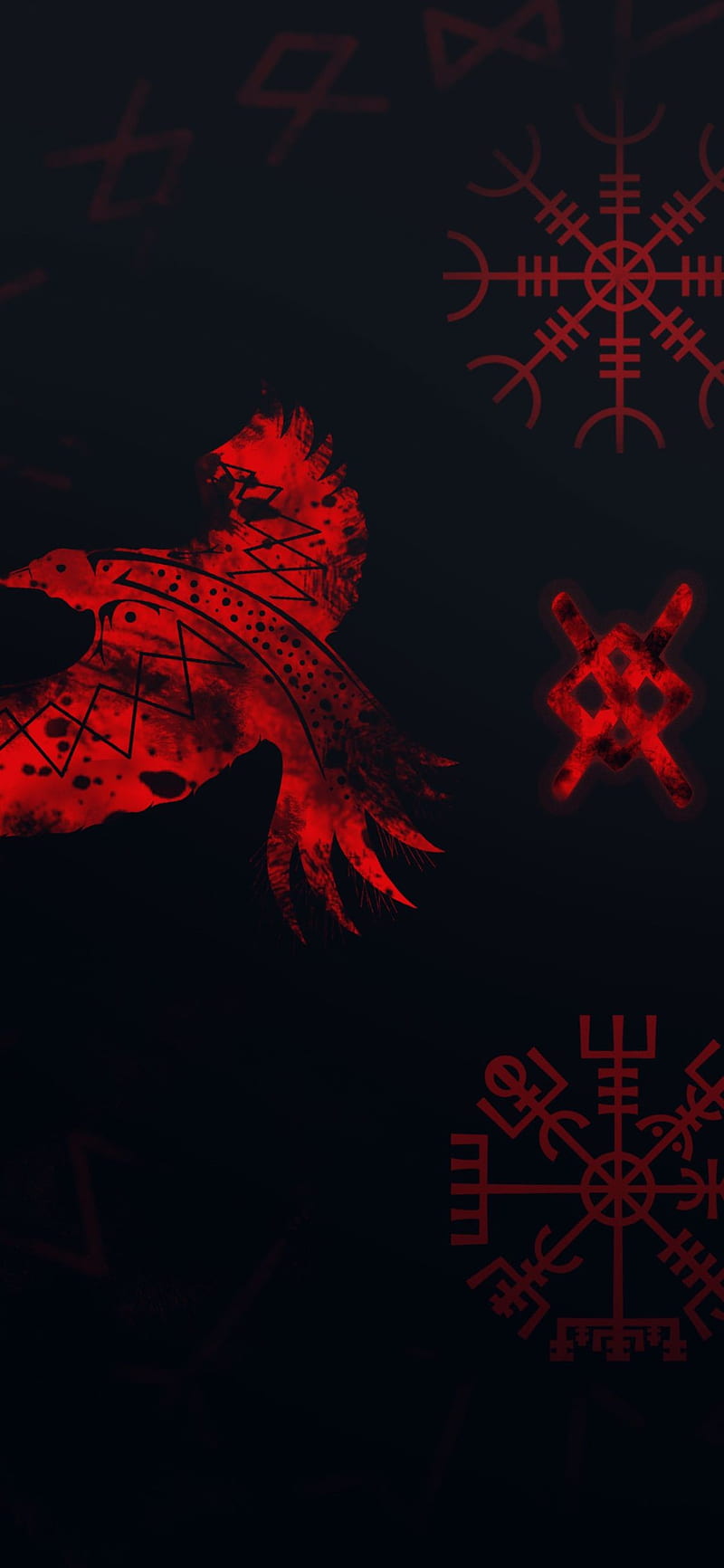 800x1732 Raven and runes, aegishjalmur, huggin, munnin, norse, pagan, vegvisir, viking, HD phone wallpaper