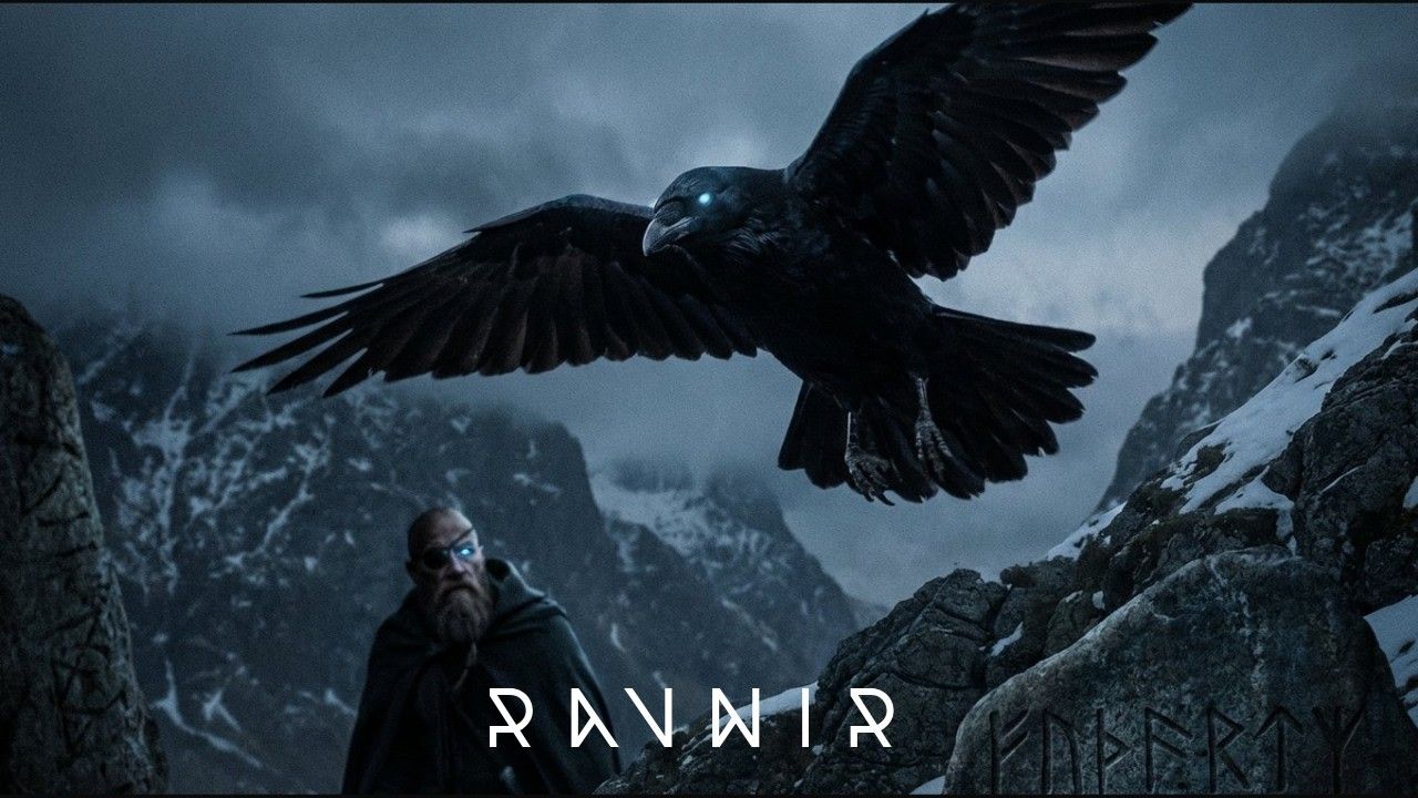 1280x720 RAVNIR Hugins. Huginn Watches. Epic Dark Nordic Folk. The Allfather's Eyes Over Mountains